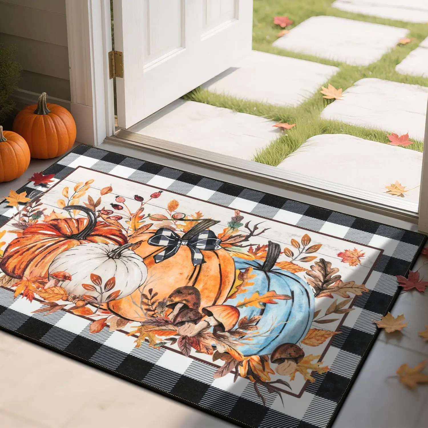 Fall Orange-Blue Buffalo Plaid Pumpkin Rug, Non-Slip Autumn Harvest Leaves Front Door Mat, Thanksgiving Home Entrance Decor, One-Piece