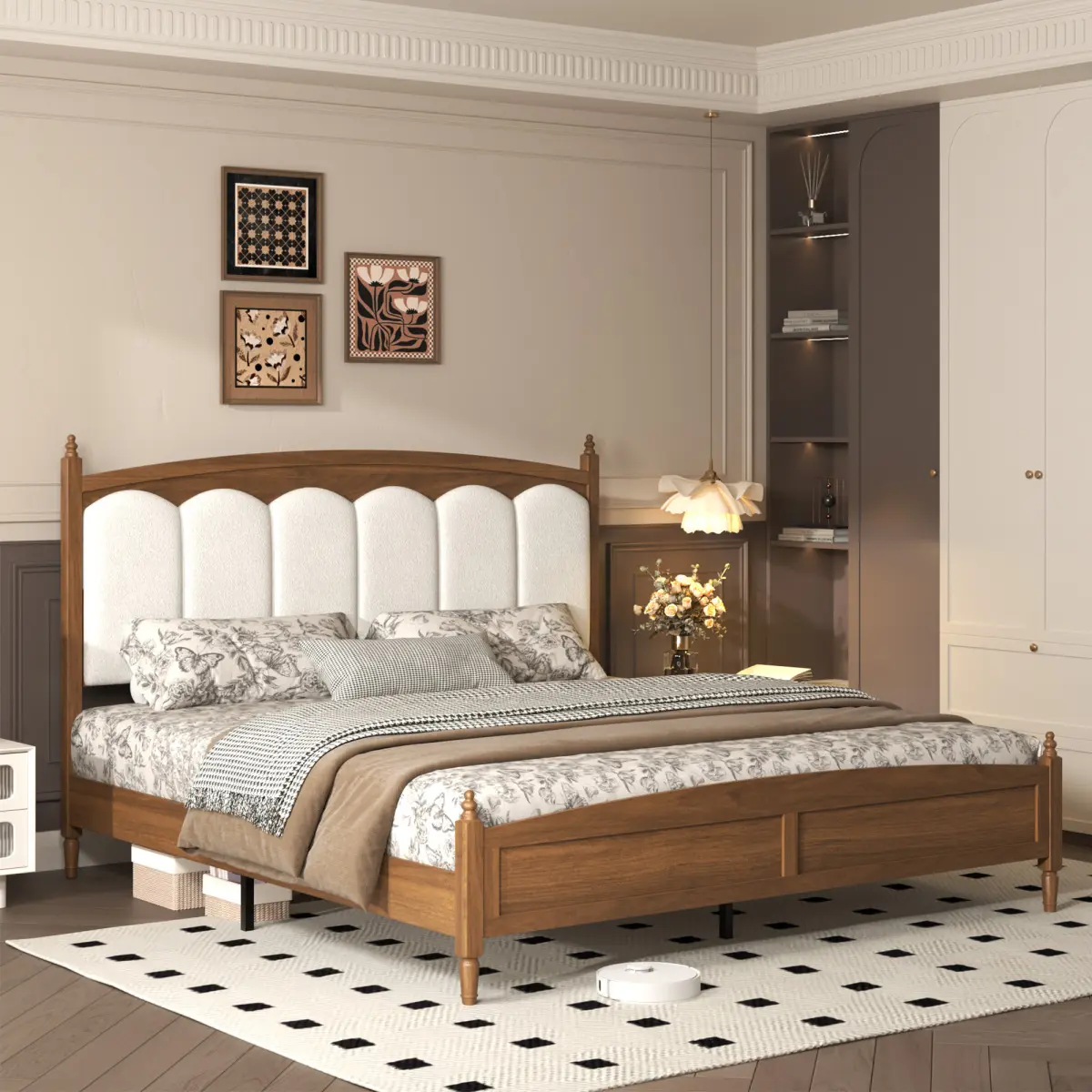 [Bellemave] Queen/King Size Platform Bed Frame with Upholstered Headboard, Mid-Century Style Bed Frame, Sturdy Wood Slat Support, Brown