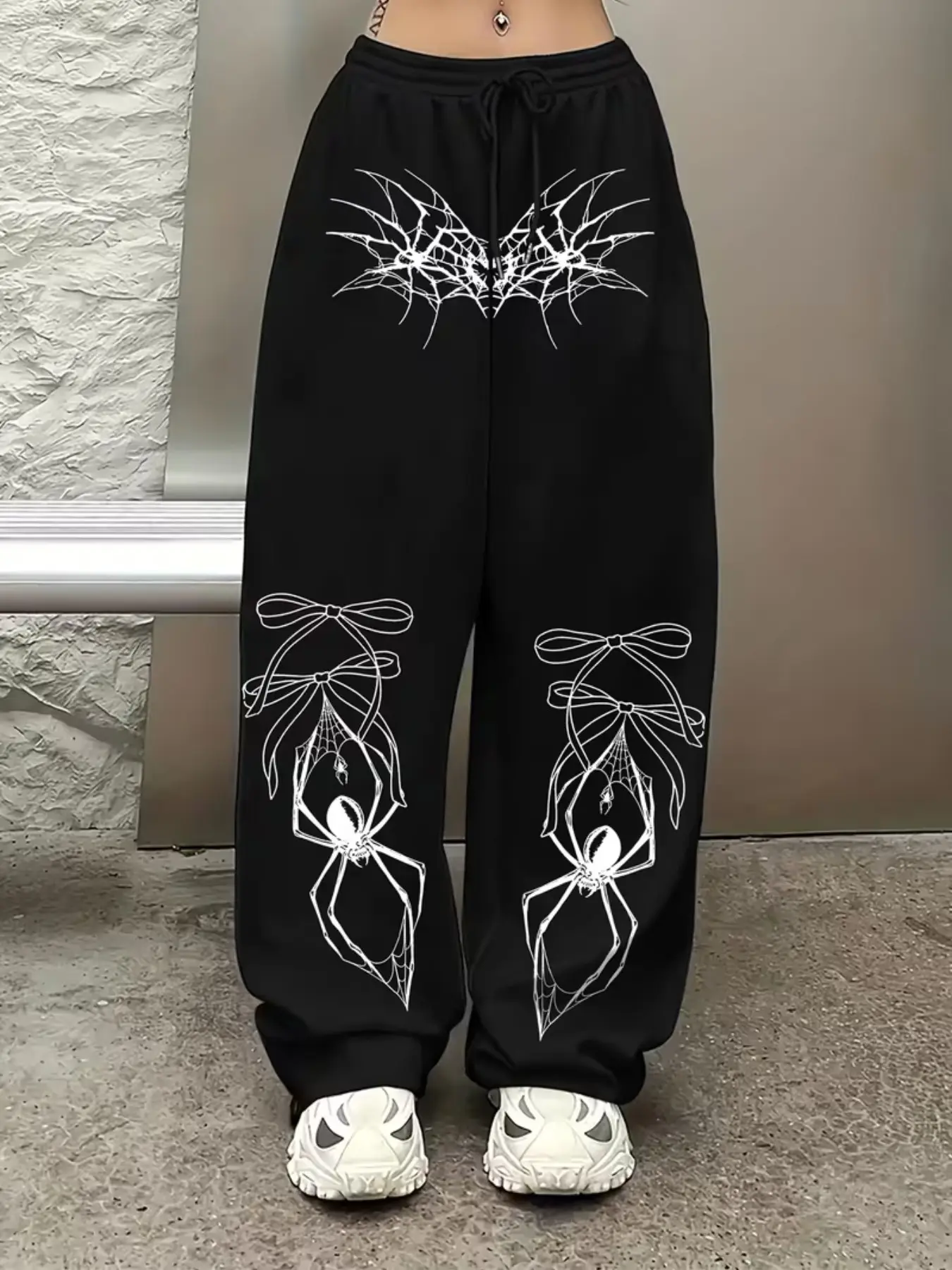 Women Y2K Alt Coquette Wide Leg Sweatpants High Waist Drawstring Black Soft Drape Trousers White Line Spider Bow Spiderweb Graphic Gothic Punk Street Joggers For Spring Fall 2026 Trendy #spiderbowgothpants #y2kcoquettesweatpants #darkgrungetrousers