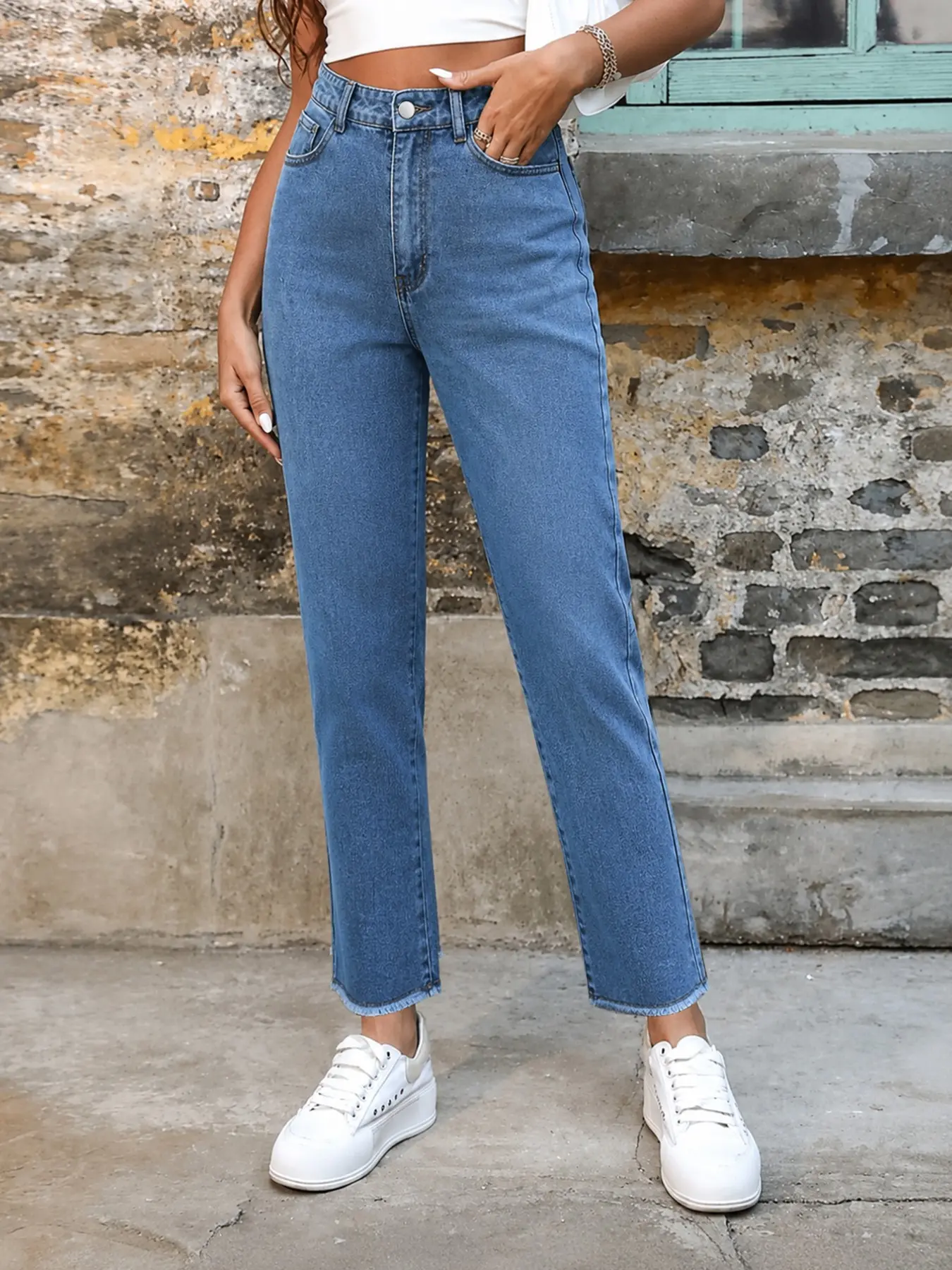 Women's Casual Ankle-Length Denim Jeans Pants with Pocket, Fitted Straight Leg, Mid Waist, All Seasons, Comfortable Elastic Fabric, Perfect for Daily Wear