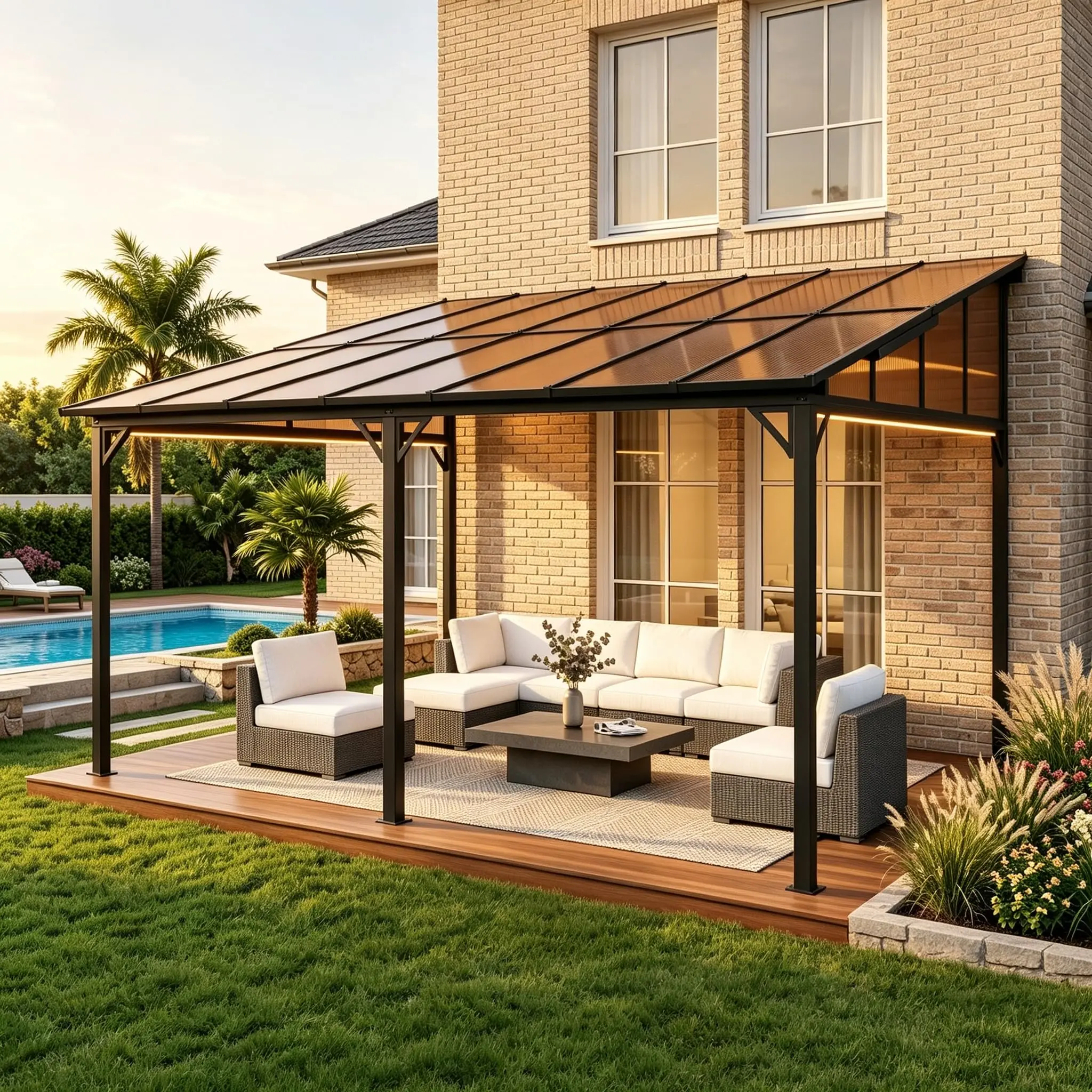 GARVEE 12x20 ft Wall-Mounted Lean-to Gazebo, Polycarbonate Hardtop Gazebo with Iron Frame, UV-Resistant Waterproof Outdoor Patio Shelter for Deck, Backyard