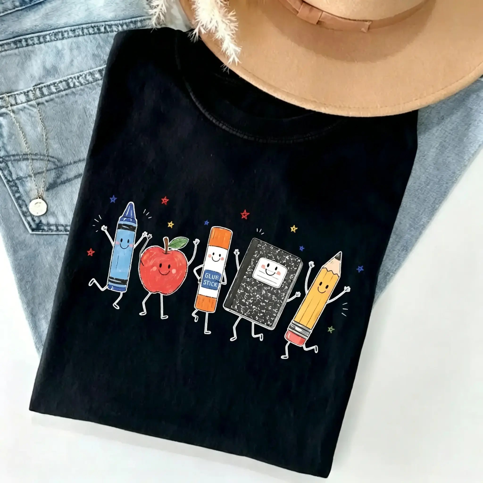 Cute School Supplies Heritage Graphic Tee, Aesthetic Back To School Spirit Shirt, Radiant Teacher Crayon Apple Pencil Notebook Top, Thoughtful Classroom Sublimation Gift Boutique Heritage Apparel