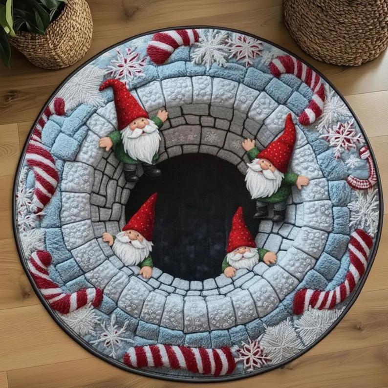 Christmas Gnome Round Rug 3D Gift Illusion Mat Holiday Winter Carpet Festive Santa Gnome Floor Rug Xmas Home Decor Round Rug