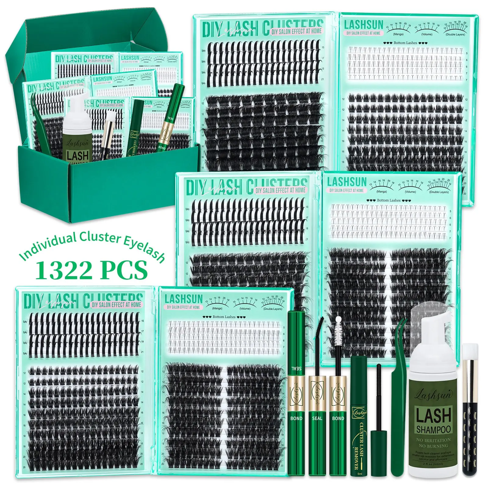 1322 Pcs D Curl Eyelash Clusters Set, DIY Volume Lashes, Mixed 5-21mm 8 Styles 3D Multi-Layered Lashes, Kit with Bond & Seal, Remover, Tweezers & Lash Shampoo Brush, Easy to Apply for Daily Makeup