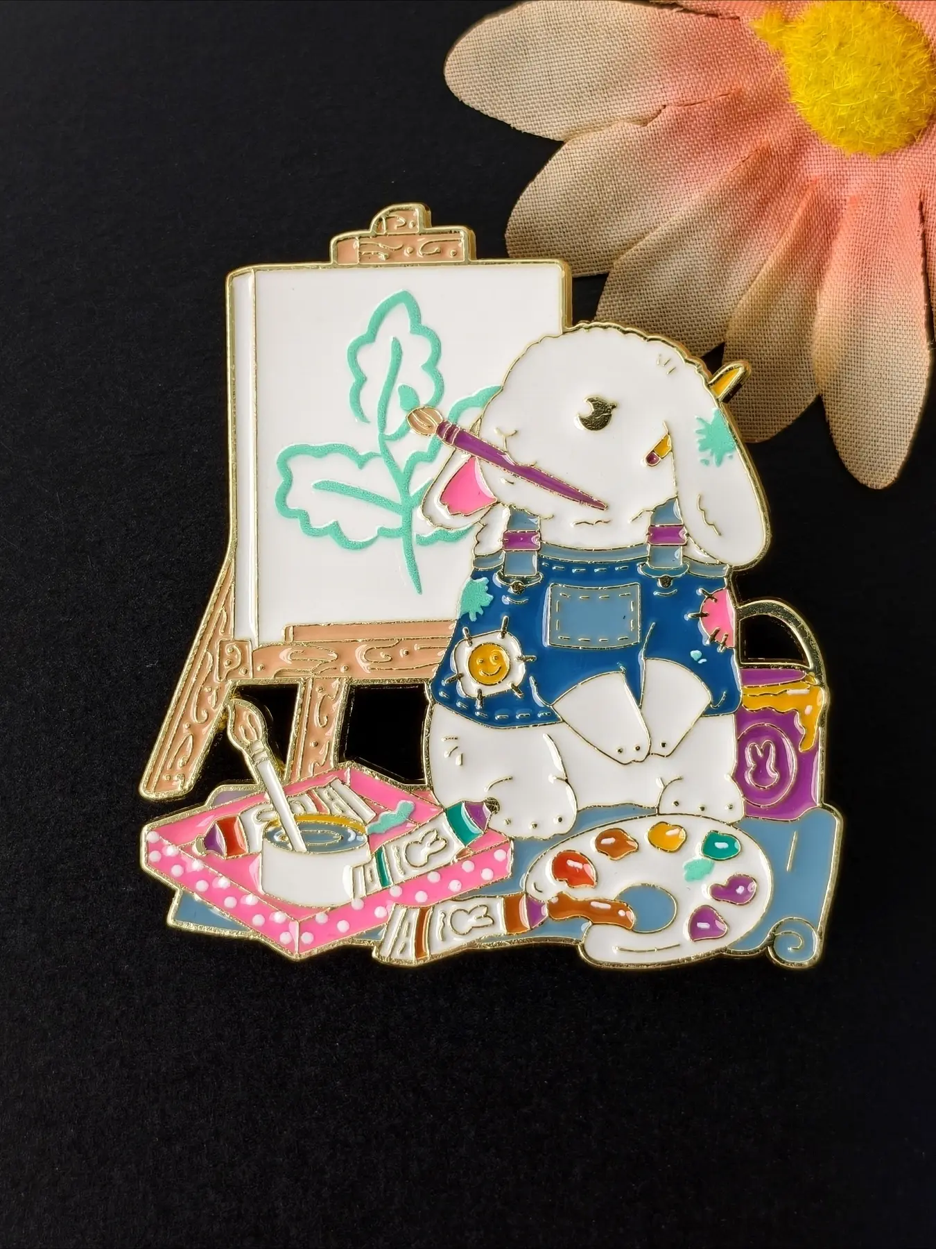 Painter White Bunny Enamel Pin, Artist Rabbit With Easel Paint Palette Lapel Brooch, Cute Art Lover Badge for Jackets Backpacks, Gift for Art Students, Painters, Craft Enthusiasts and Rabbit Fans