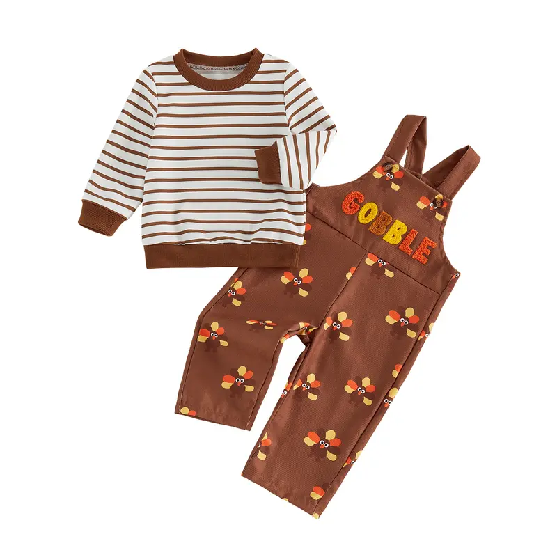 [Lullaby] Toddler Baby Thanksgiving Outfit Fashion Long Sleeve Striped Tops with Turkey Embroidery Overalls 2Pcs Fall Set