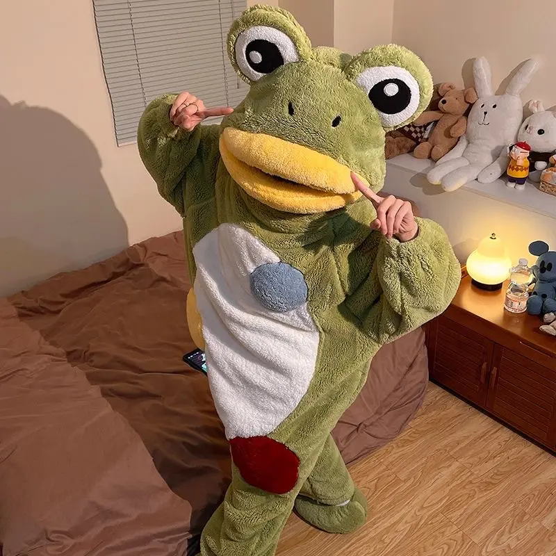 Cartoon Frog Hooded Onesie Pajamas for Women| Thick Coral Fleece Winter Sleepwear| Funny Animal Kigurumi Lounge Wear for Home & Outdoors Cute Green Loungewear Pajama Set