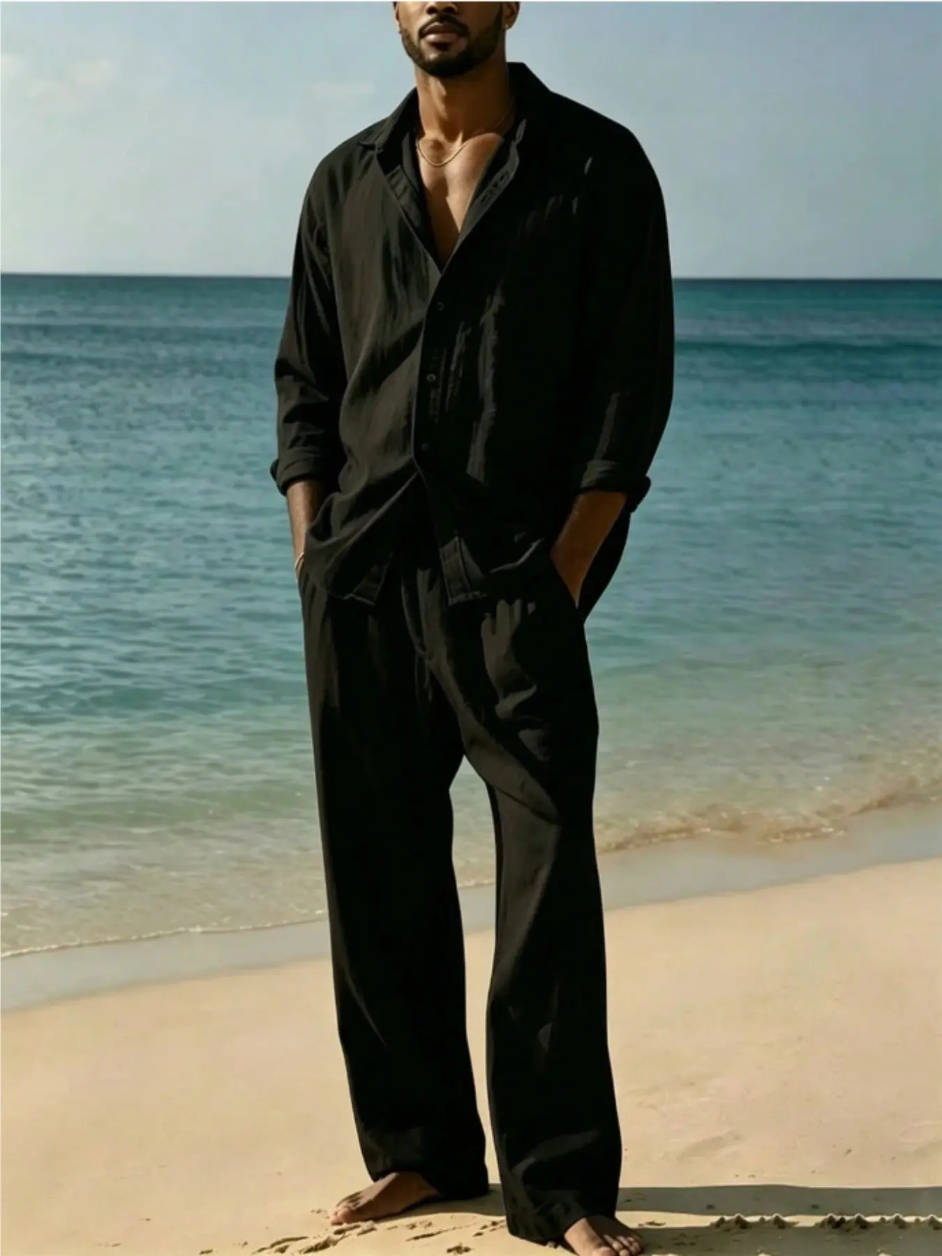 Men's Linen Beach Holiday Set, Button Shirt and Loose Wide Leg Pants Two-Piece, Comfortable, Casual and Stylish Summer Wear