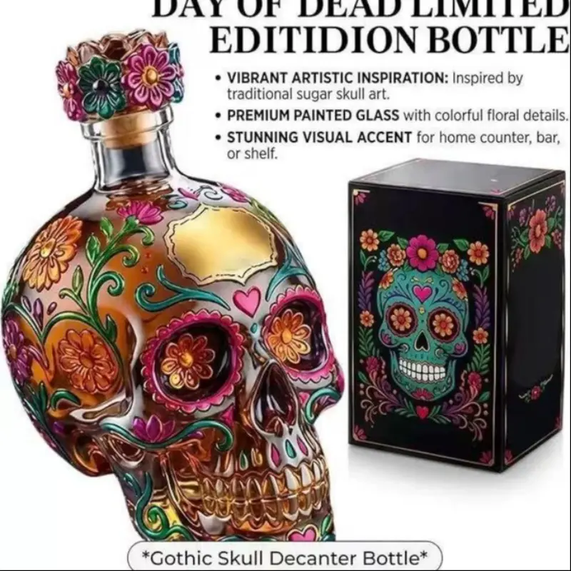 New Skull Whiskey Bottle, 350ML Traditional Sugar Skull Decanter, Creative Decorative Piece, Unique Whiskey Glassware, Barware, Perfect Gift Idea