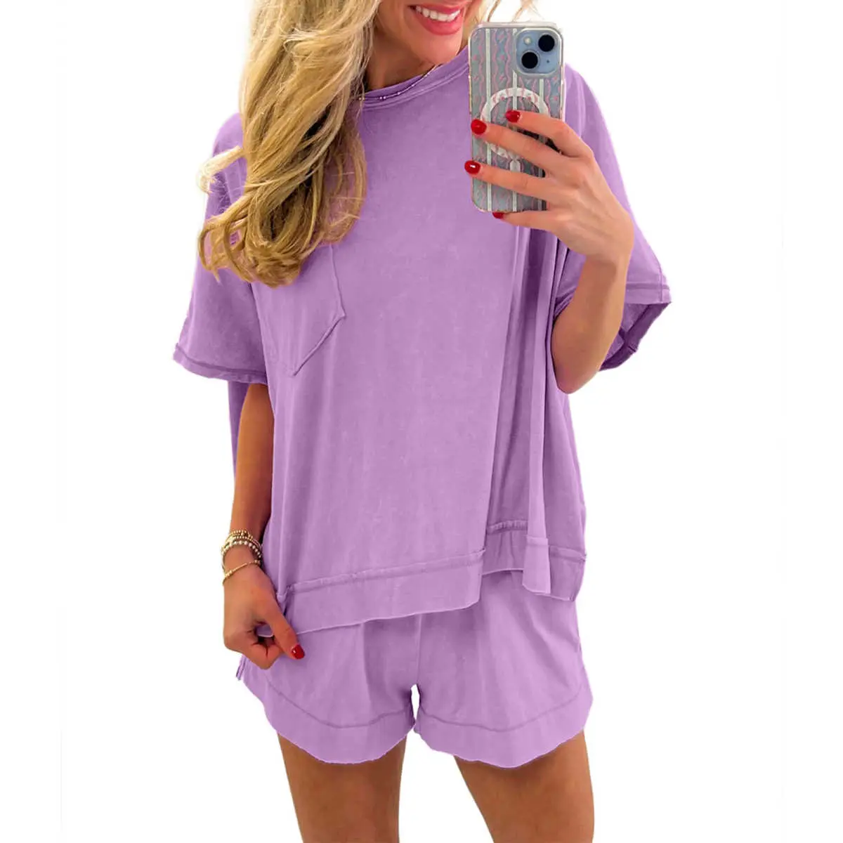Women's 2-Piece Matching Set, Soft Fabric Cute Lightweight Solid Oversized Short-Sleeve Top & Raw Edge Pocket Shorts for Summer