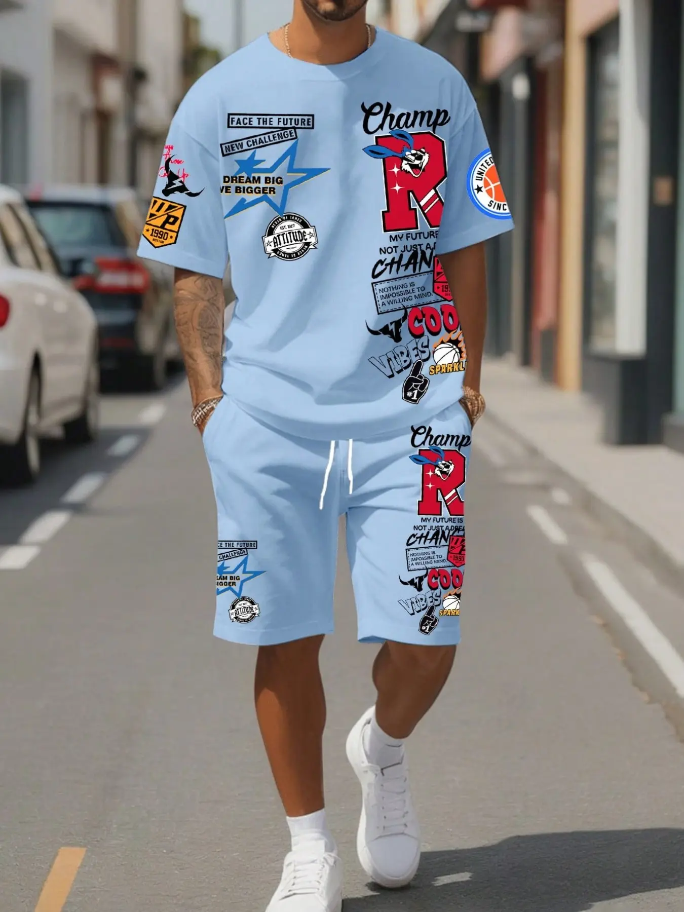 Summer men's short sleeved shorts set, sporty printed two-piece set, trendy casual men's clothing, comfortable daily wear