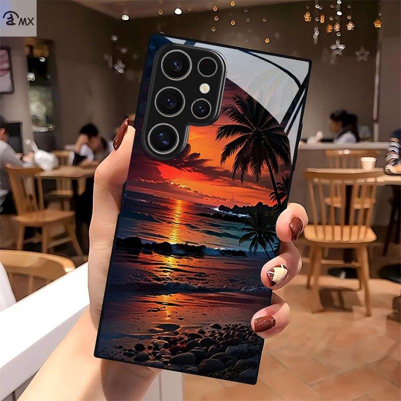 Phone Case: Sunset Beach Coconut Tree Scenic Pattern Design Black Tempered Glass Phone Case Suitable for Samsung Galaxy S26 S25 S24 S23 S22Pro S21 S20 Fe Plus Ultra Pro A56 A55 A54 A53 A52 A51 A36 A35 A34 A32 A26 A25 A24 A23 A16 A15 A14 A06 A05 A03s