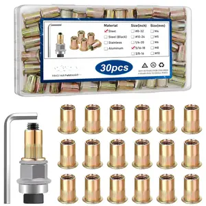 30 count 5/16-18 Rivet Nuts with Hand Rivet Nut Tool, Carbon Steel Flat  Threaded Insert Nut Kit for Furniture, Automotive, Marine and Decoration