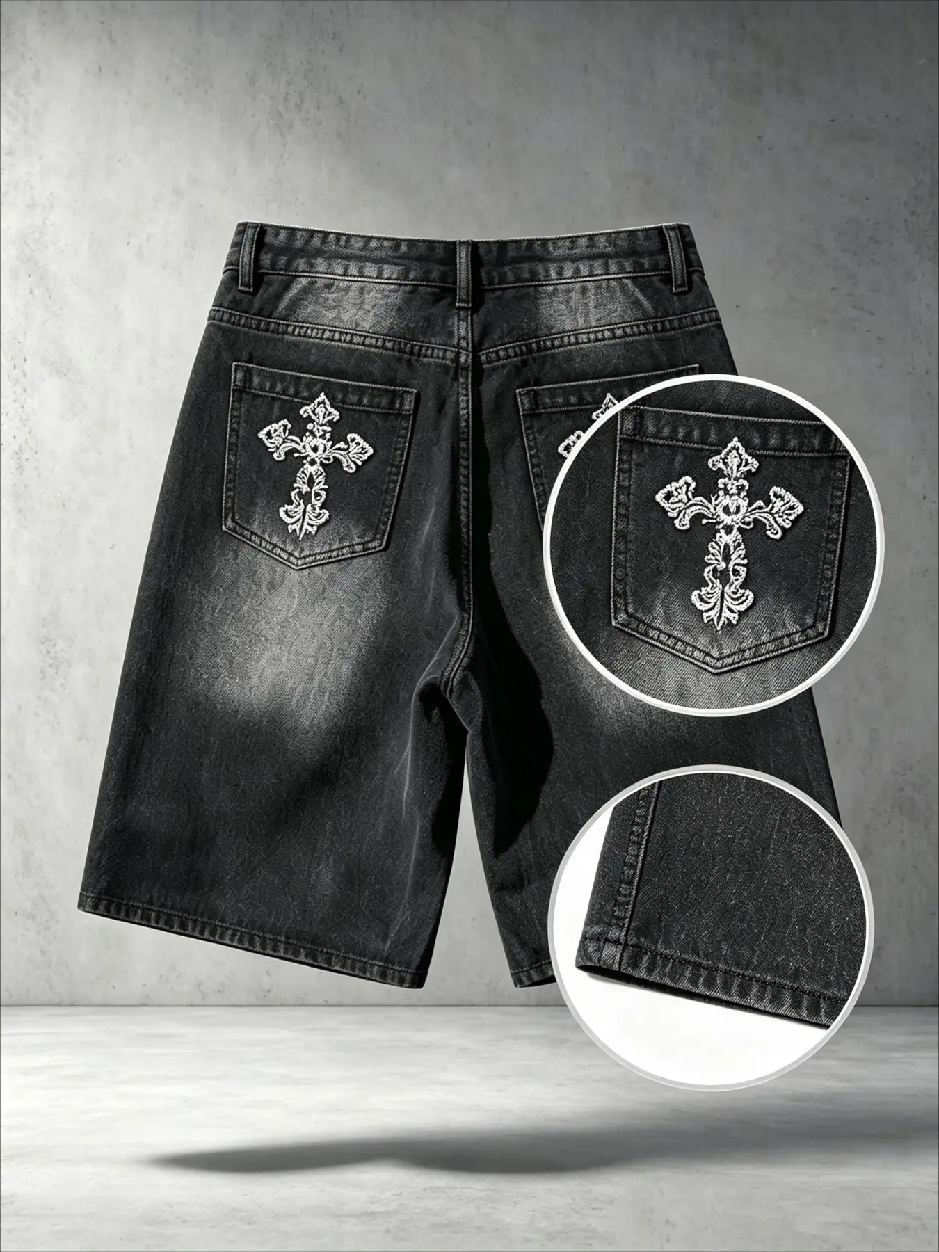 New Men's Vintage Wash Loose Jeans Shorts, Gothic Cross Stitch Back Pocket, Street Style, Streetwear, Deep Color Distressed Denim, Millennial Hip-Hop Casual Five-Pocket Classic