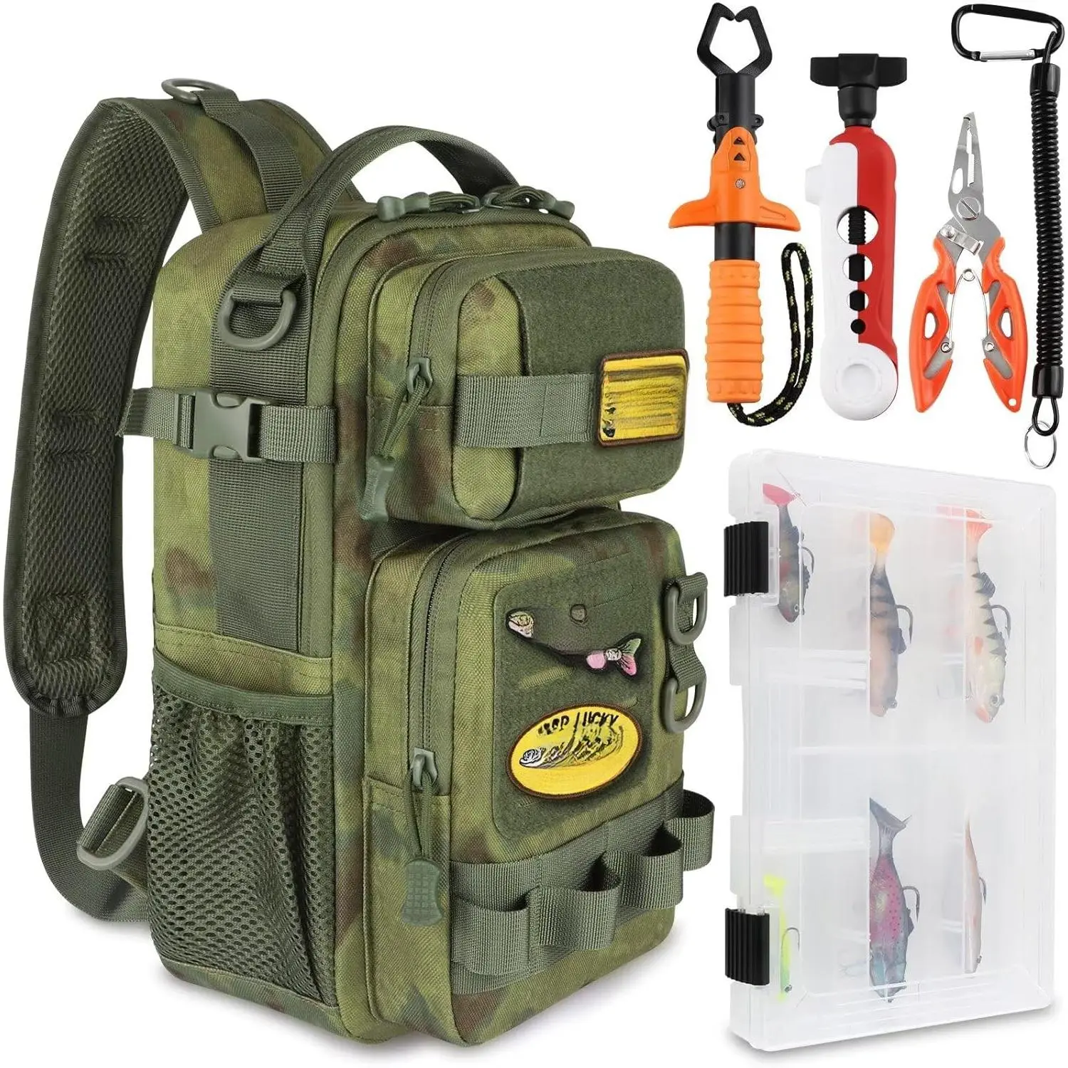 Small Fishing Backpack Fishing Sling Bag with 3600 Tackle Box Small Tackle Backpack with Tool Set Green