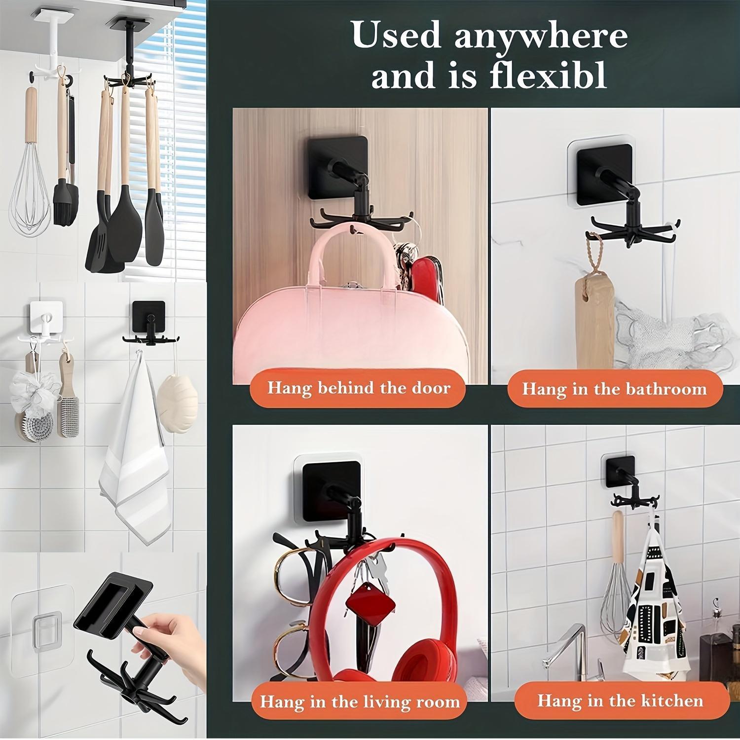 1 Heavy Duty Kitchen Cutlery Rack Hook, Plastic Self-Adhesive Hook 360 Degree Rotation Folding Wall Hanger, 6 Claw Hook, Suitable for Home Kitchen, Bathroom, Office