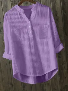 A plus size women's fashionable French gentle style solid color shirt with a new loose and slimming V-neck semi open button long sleeved top, suitable for all seasons, suitable for light business meetings/clients, afternoon tea, dates, and store visits.