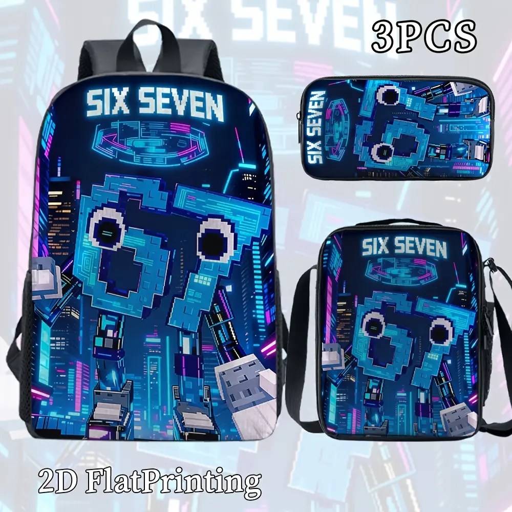3-Piece Boys Water Resistant Backpack Set, Six Seven Pixel Robot Neon Cyber City Blue Purple Light Game Print School Kit Backpack Lunch Bag Pencil Case 600D Oxford for Teen Game Fan Daily Use