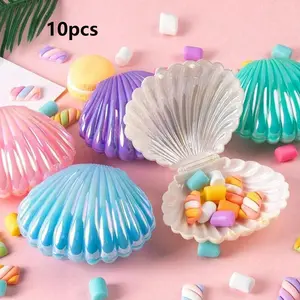 10pcs Mini Shell Candy Boxes Mermaid-Themed Plastic Mini Sea Shells Gift Box Pearlescent Color Under The Sea Birthday Party Shower Jewelry Storage Boxes