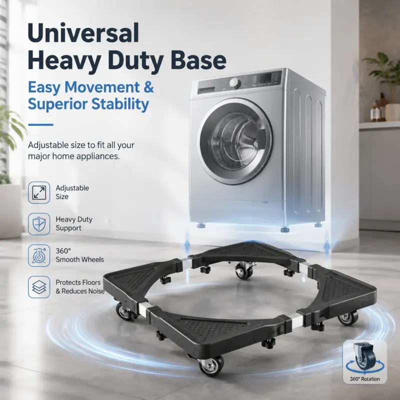 Universal Heavy Duty Appliance Base, Adjustable Size with 360 Wheels, Durable Support for Washing Machines & Refrigerators, Protects Floors & Reduces Noise for Easy Movement, Refrigerator Stand