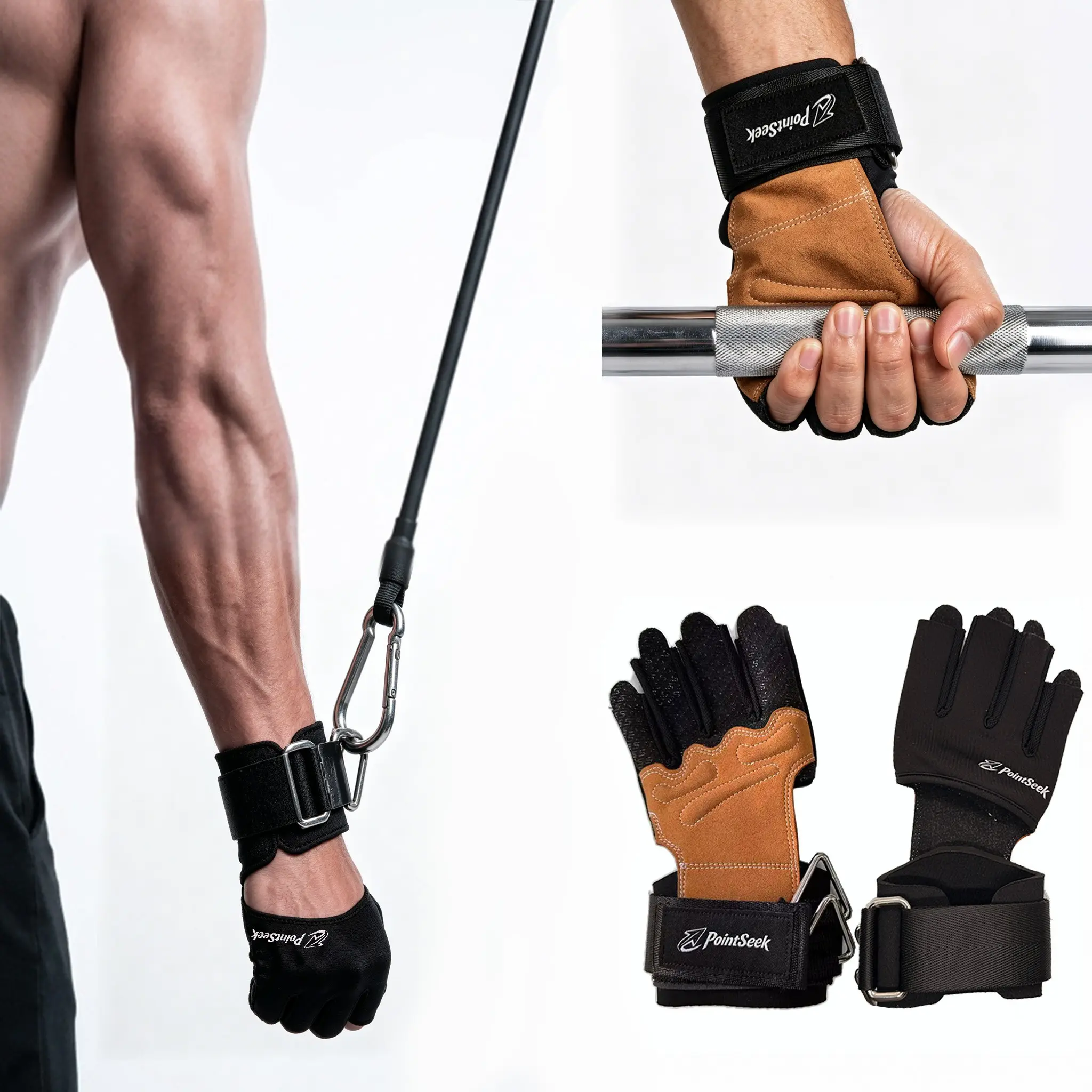 Pointseek Workout Gloves, Weight Lifting Gloves with Wrist Support, D-Ring Straps, Full Palm Protection, Silicone Grips, Fitness Accessories