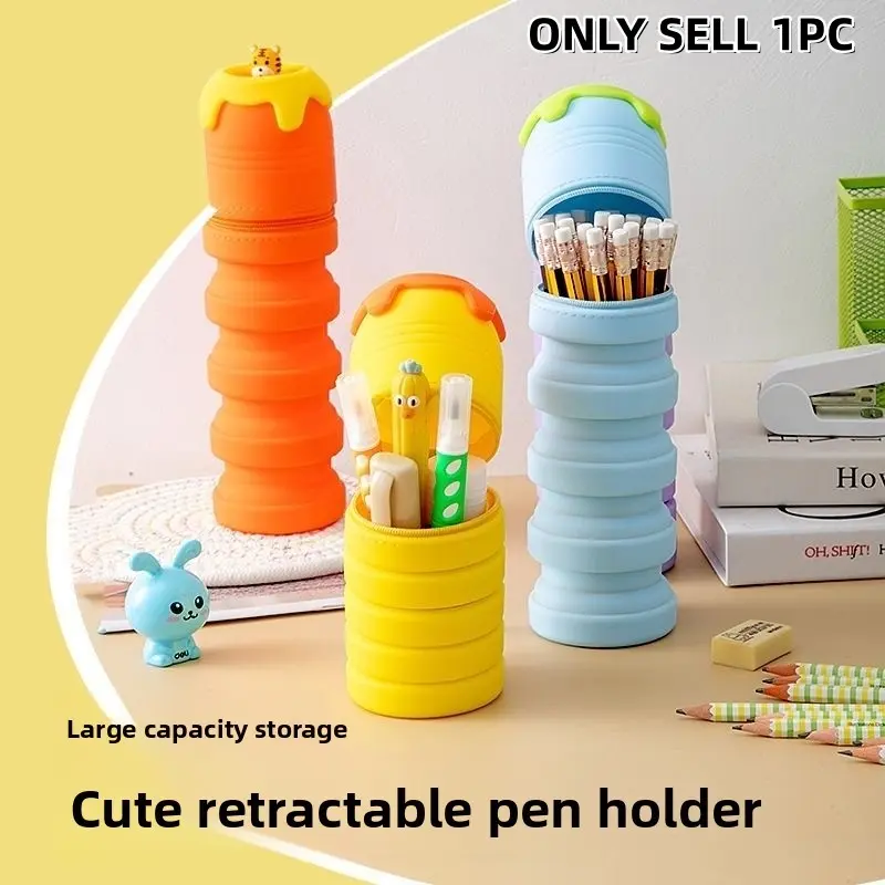 Kawaii Cartoon Animal Silicone Telescopic Pencil Case, Stress Relief Foldable Multi-Functional Large Capacity Stationery Holder, Stain Resistant Easy to Clean Waterproof Shockproof Round Pen Pouch, 2-in-1 Desk Pen Holder & Pencil Bag, Back to School Suppl