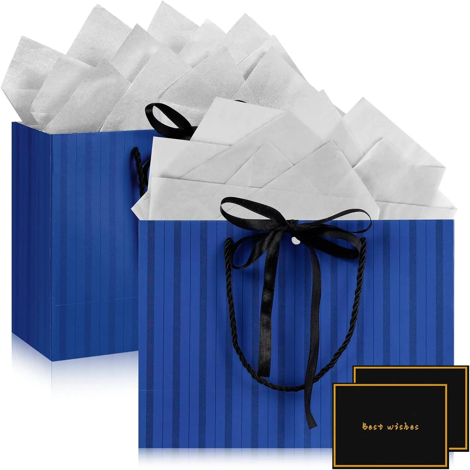 Bags for Present, 2 count Medium Bags for Women Men with Tissue Paper and Cards,  Bags for Birthdays,  Shower, Wedding, Party, Holiday Presents 11"X7.9"X3.9" (Striped Blue)