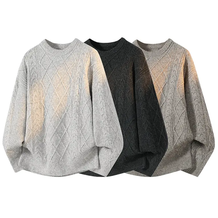 Men's Diamond Textured Knitwear, Casual Polyester Pullover Sweater with Crew Neck and Long Sleeves, Relaxed Fit for Winter Warmth, Longsleeves, Round Neck