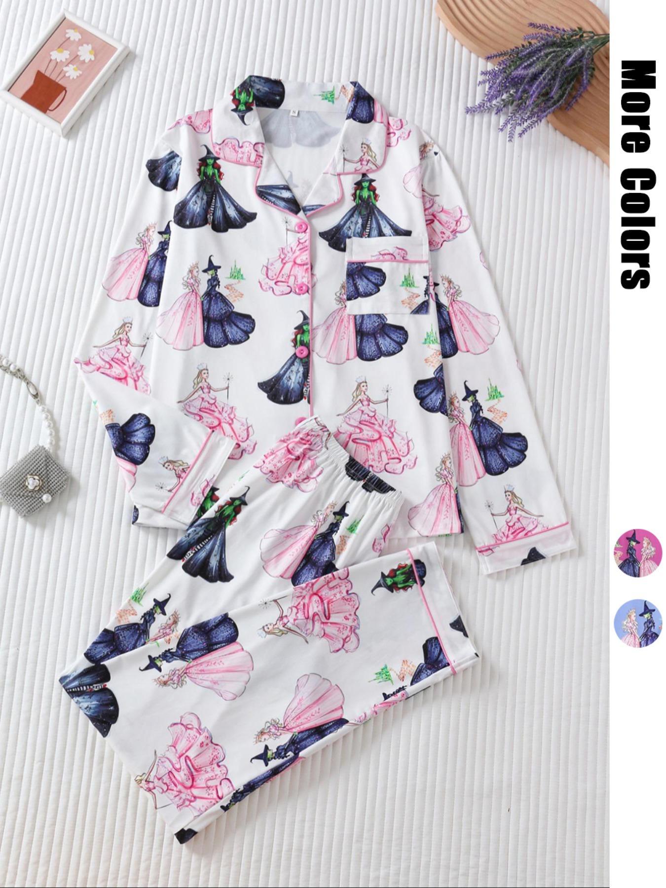 Women's Cartoon Print Pajama Set, Long Sleeve Button Front Top & Loose Fit Pants, Casual Spring & Fall Sleepwear Loungewear
