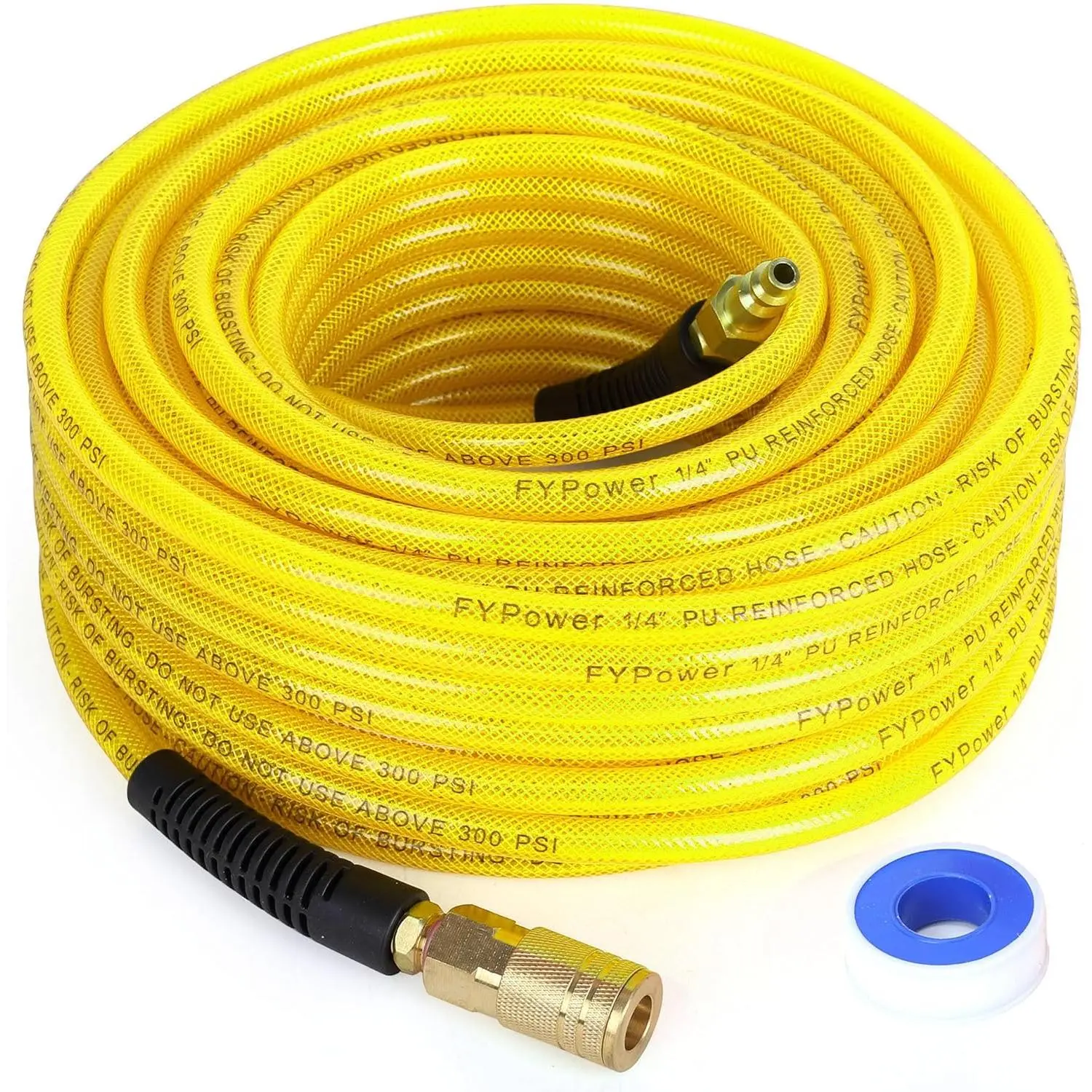 Air Compressor Hose 1/4 Inch x 100 Feet Reinforced Polyurethane (PU) Air Hose with Fittings, Bend Restrictors, 1/4" Industrial Quick Coupler and Plug Kit, Yellow