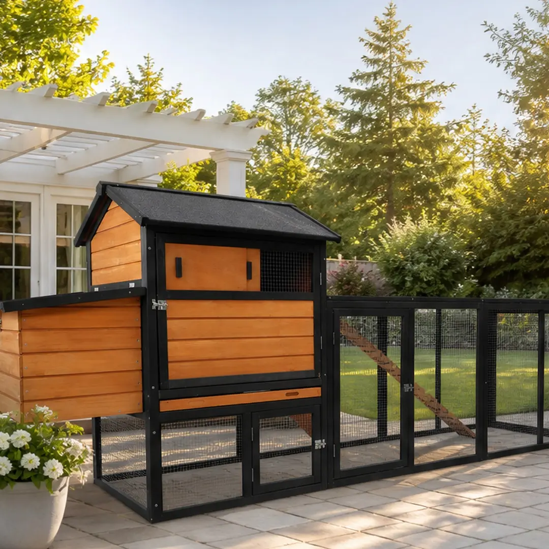 ARCH Large Wooden Chicken Coop Outdoor Hen House with Run and Nesting Box Poultry Cage Rabbit Hutch Waterproof Anti-UV Panel for Backyard Farm Use Brown+Black, Brown+Black Color Options, Wood Material, Product Dimensions: 25.48 W x 114.06 D x 42.32