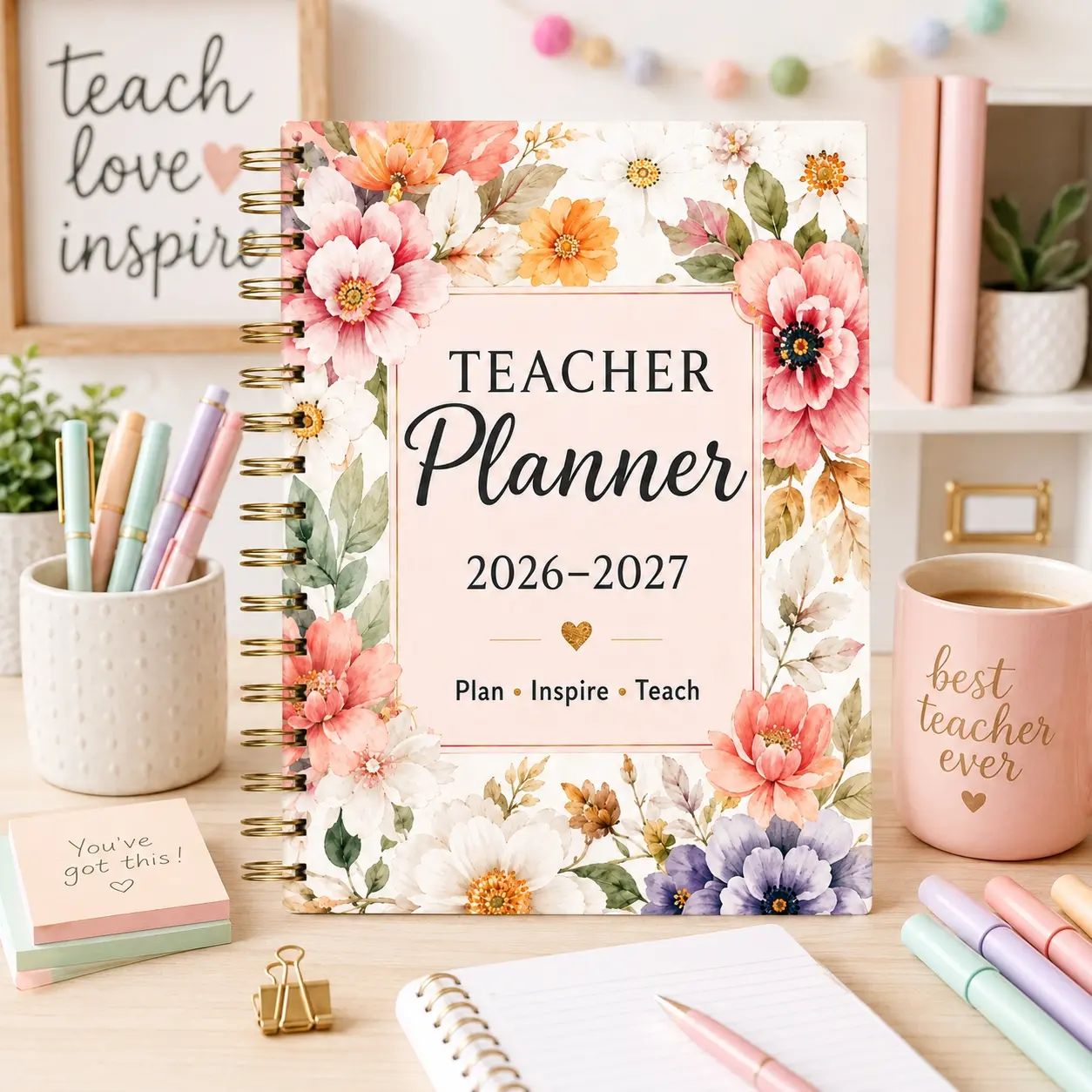 2026-2027 Teacher Planner, A5 Floral Spiral Organizer, Course Schedule, Attendance, Grade Tracker, Teacher Gift, Educational Tool