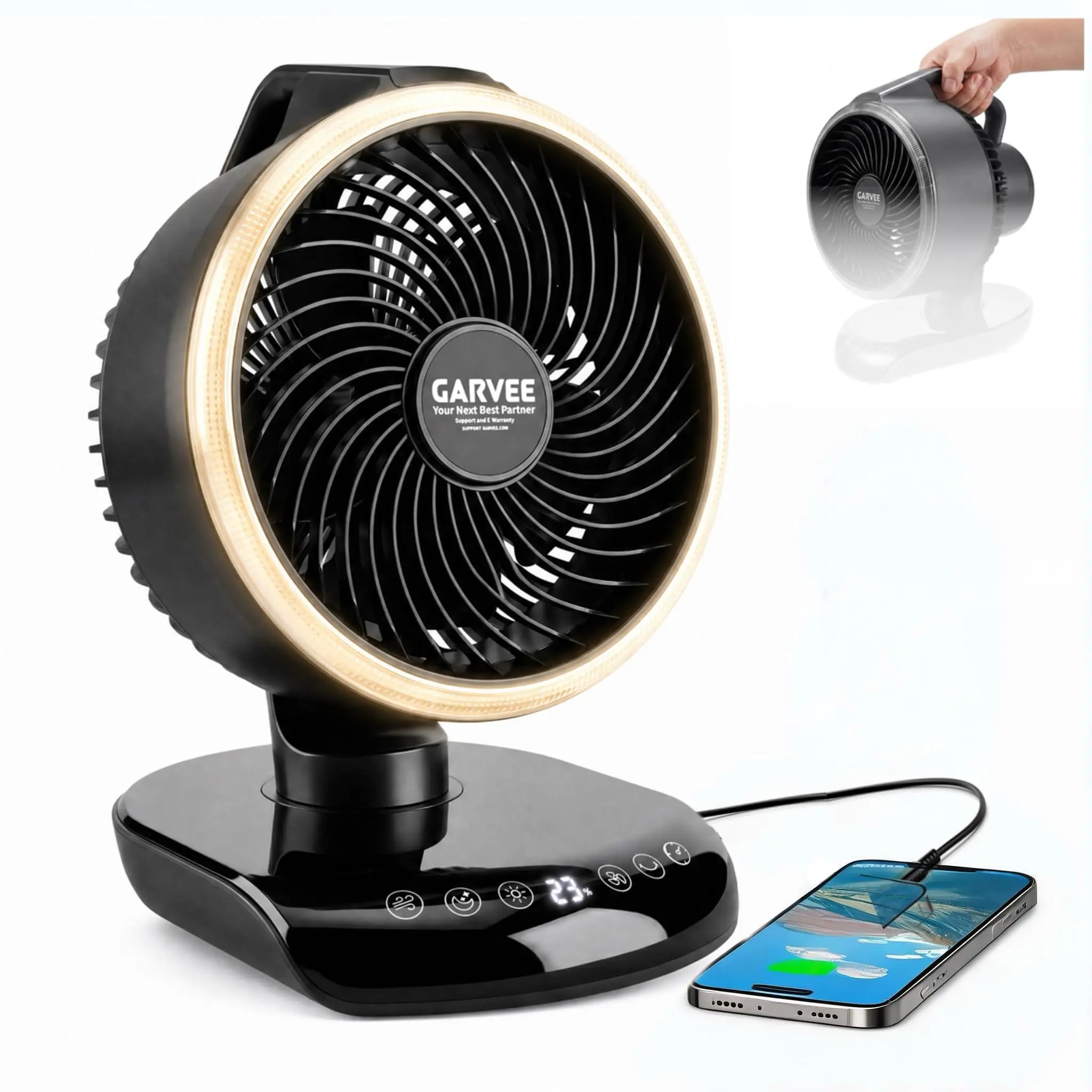 20000mAh Large Capacity Rechargeable Portable Camping Tent Fan with LED Light, Remote Control, 5 Adjustable Speeds, Timer Function & 360° Rotatable Fan Head, Battery Powered Outdoor Fan for Camping, Travel, Car and Office Personal Cooling