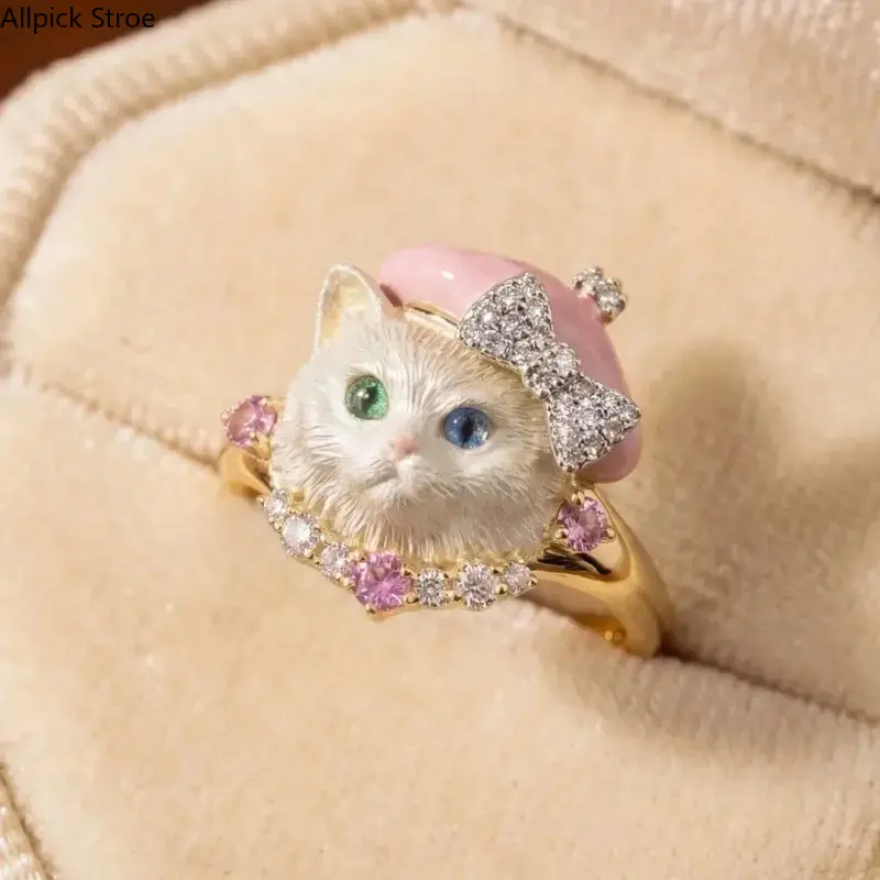 Whimsical Cat Face Statement Ring, Viral Enamel Beret & Diamond Bow Jewelry, Cute Animal Ring with Multi-Color Gemstones, intricate craft & charming aesthetic, ideal for date nights, casual outings, birthday gifts and unique jewelry collection