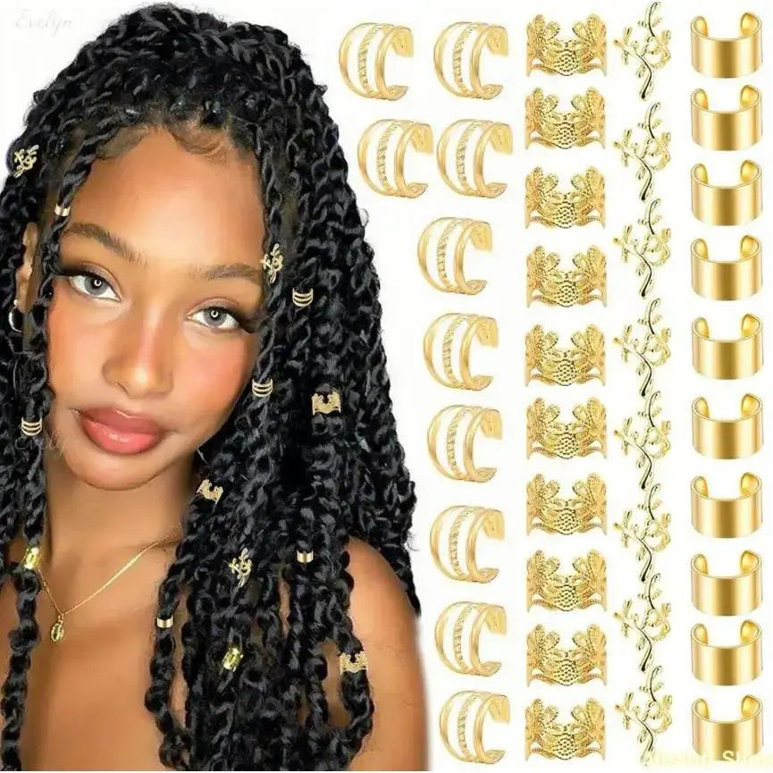 Metal Tone Braided Charm Clip-On Cuffs Set - 40pcs Assorted Dreadlock Beads, Easy Clip-On Bag Accessories for DIY Luggage & Bag Decor