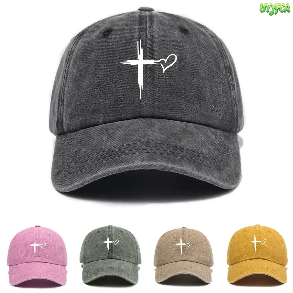 Vintage Washed Cotton Cross Heart Print Dad Hat - Distressed Look Strapback Baseball Cap, Lightweight Minimal Christian Faith Sun Hat, Curved Brim Aesthetic Headwear for Church Outings, Female Wear 1 Size Fit Casual Gift