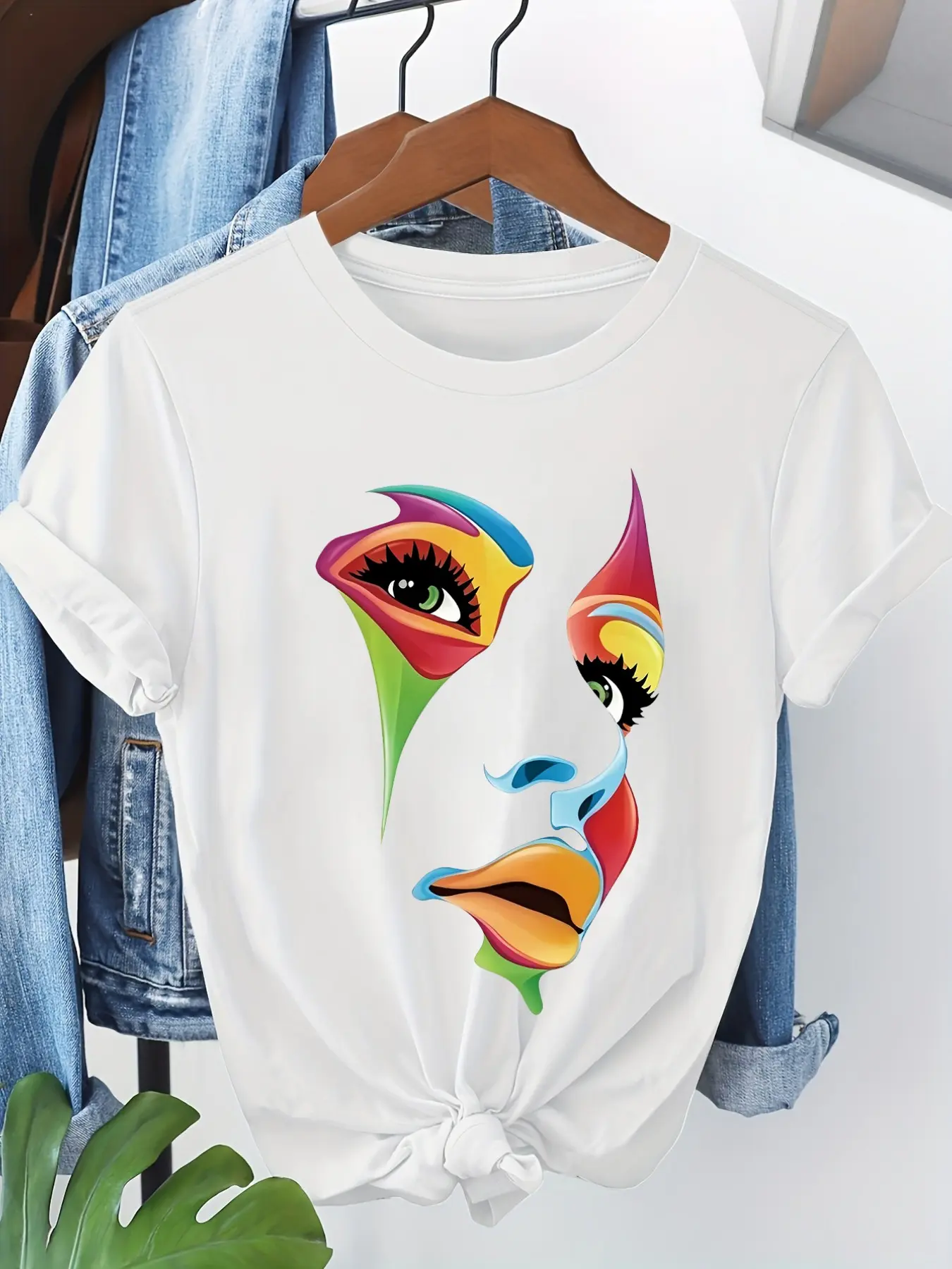 Women's Casual Streetwear Round Neck T-Shirt, Colorful Face Print, Short Sleeve, H-Type, All Seasons, Perfect for Summer, Music Festivals, Daily Wear