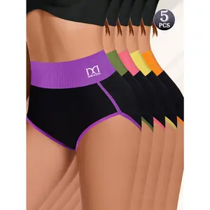 QUASTI Women's 5 Pack Cotton High Waist Briefs, Soft Breathable Comfortable Full Coverage Panties, Soft Stretch Color Block Underwear, Invisible No Show Hip Lifting Underwear, S-5XL for Daily Use