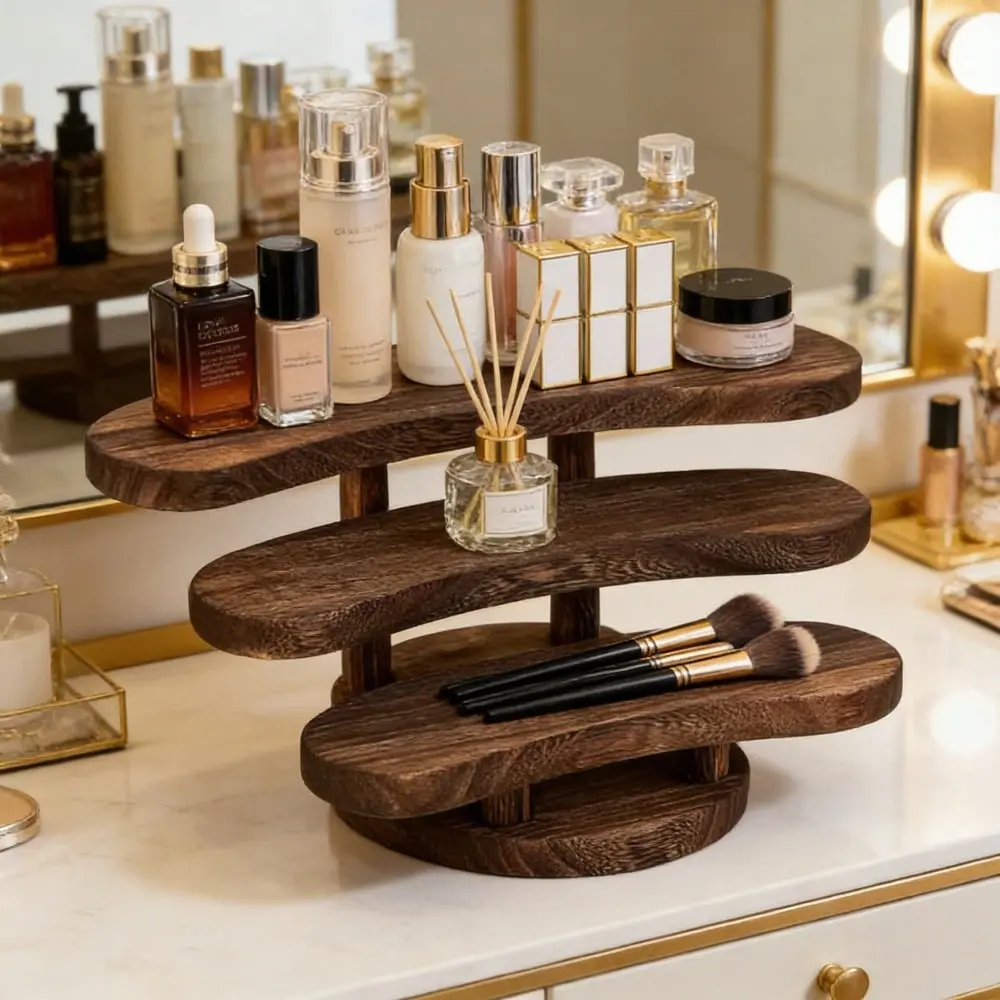 1 Pc Vintage Carbonized Wooden Three-Tier Desktop Organizer, Vertical Shelf, Jewelry Display Rack, Cosmetics & Perfume Stand, Tea Set Storage