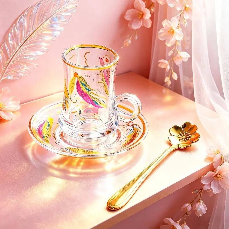 120ml premium Glass cup, saucer, and spoon set, Glass cup *1 +Glass saucer *1+ Stainless steel spoon *1, Water cup/coffee cup/tea cup, suitable for home/office/coffee shop/dessert shop