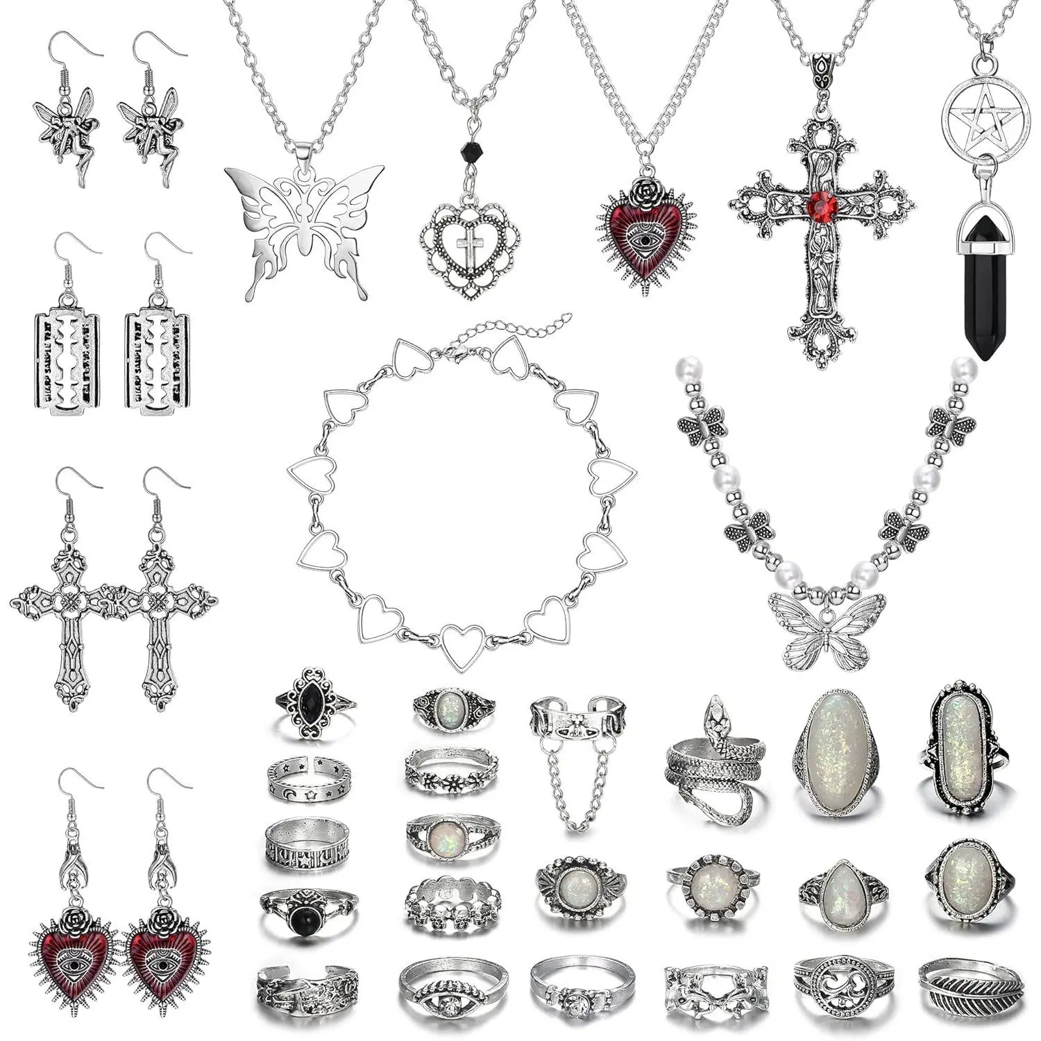 ORAZIO 33Pcs Grunge Vintage Punk Necklace Jewelry Set Gothic Earrings Fairy Butterfly Boho Crystal Y2k Cross Pendent Butterfly Heart Choker Goth Stackable Knuckle Rings Adjustable Y2k Accessories for Women Men