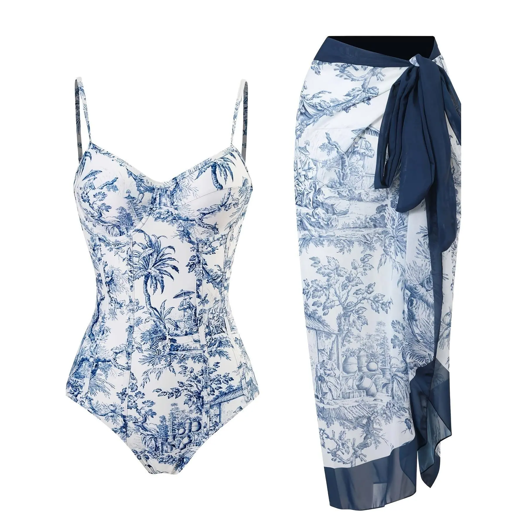 Women's Swimsuits 2-Piece Set, a Vintage Toile De Jouy Landscape Print Thin-Strap Corset 1-Piece with a Matching Sheer Sarong