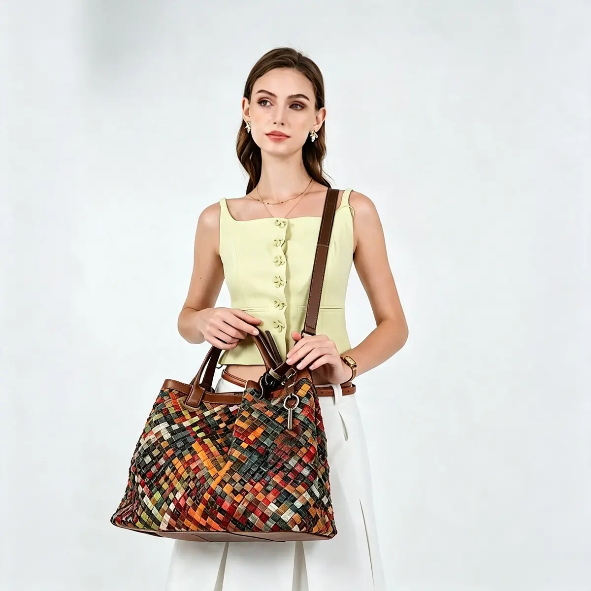 Vintage ethnic multi-color hand woven genuine leather women's crossbody bag, rainbow spliced woven top handle shoulder bag with genuine leather handle decoration, suitable for weekend travel, photography matching, and leisure daily activities