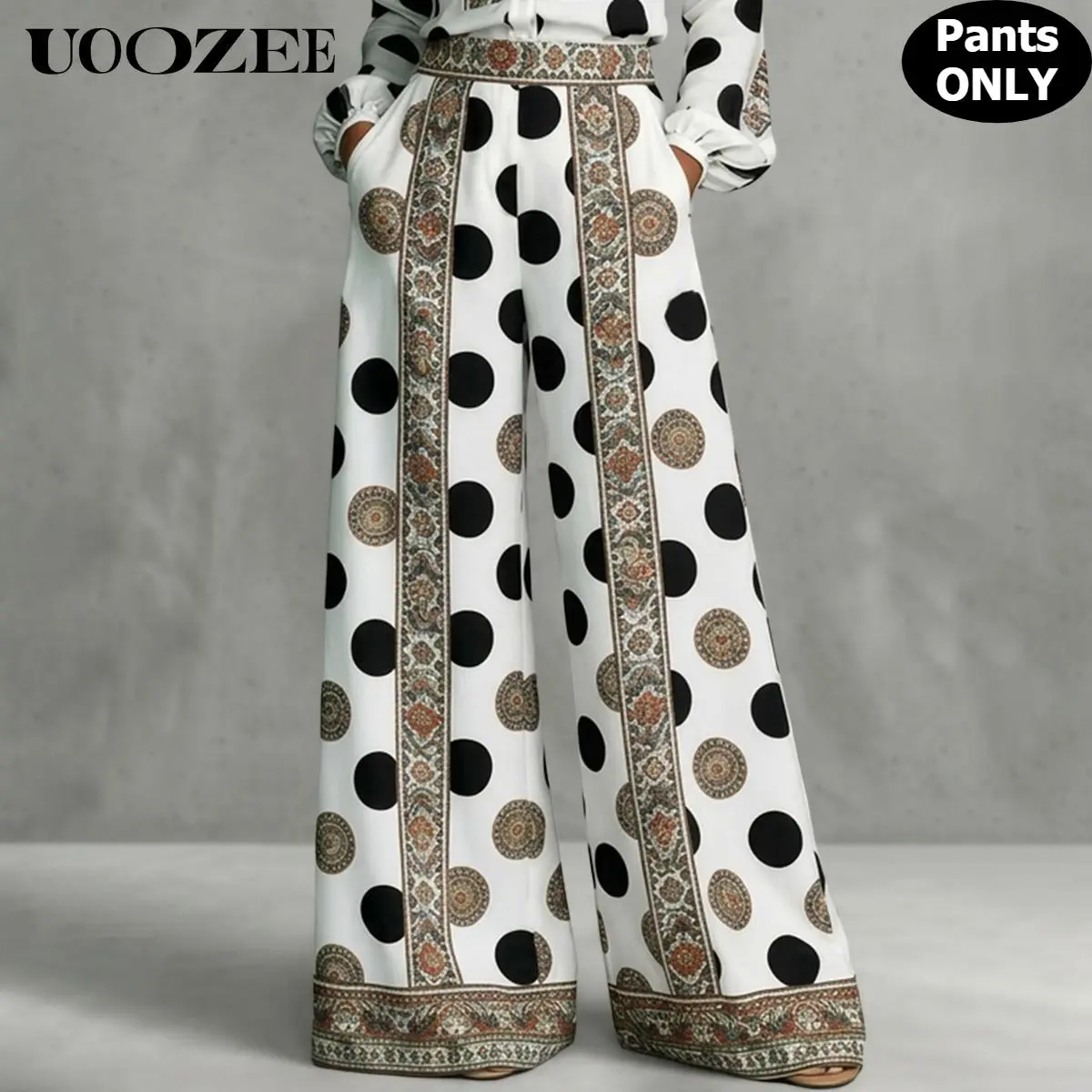 UOOZEE Women's Vintage Paisley Polka Dot Print Palazzo Pants, High Waist Silky Satin Smart Casual Trousers with Pockets and Side Zipper, Beach, Polyester, Smooth, Party, Blouse, Workwear, Matching, Bottoms, Oversized, Elegant, Smocked, Hoop, Garment, Grap