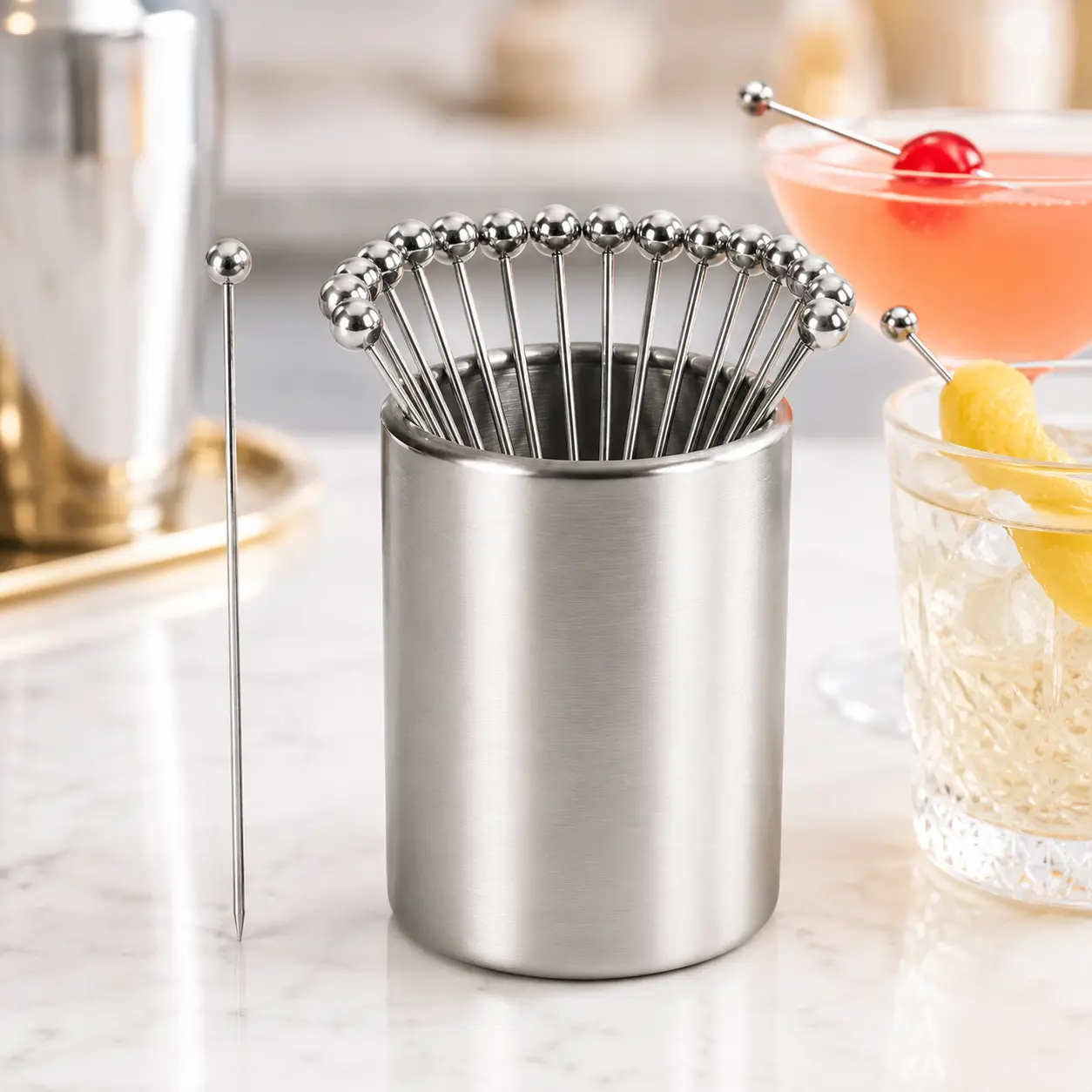 Metal Cocktail Picks 15Pack+Holder Kit, 304 Stainless Steel Cocktail Toothpicks, Reusable Cocktail Skewers, Garnish Picks Bloody Mary Skewers, Metal Martini Picks for Olives Appetizers Fruit