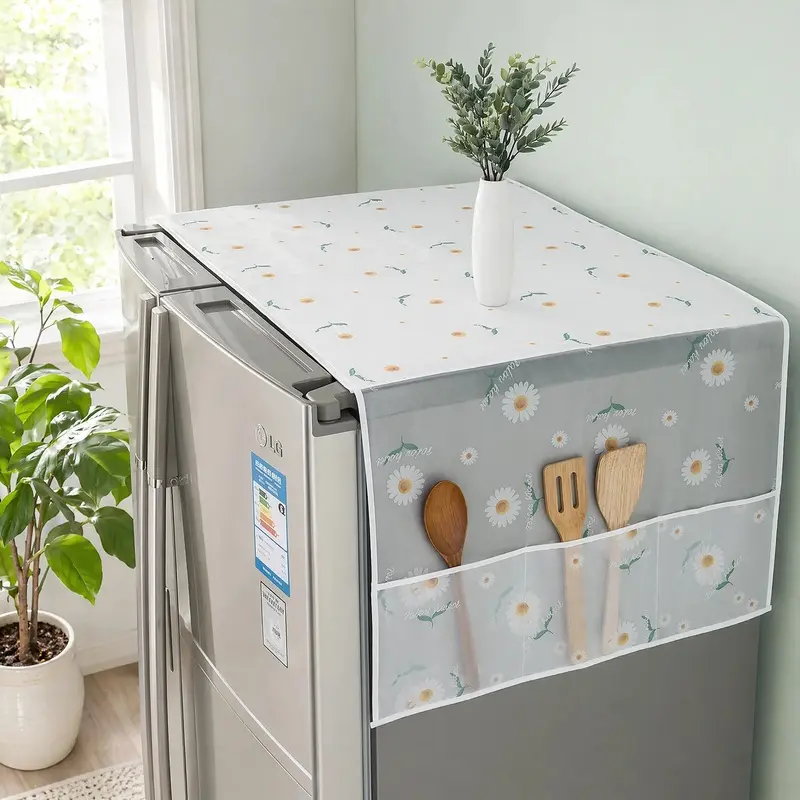Daisy Print Refrigerator Dustproof Cover with Storage Pockets Multi Functional Waterproof Fridge Top Protector Household Kitchen Appliance Dust Proof Cover 1 Pack