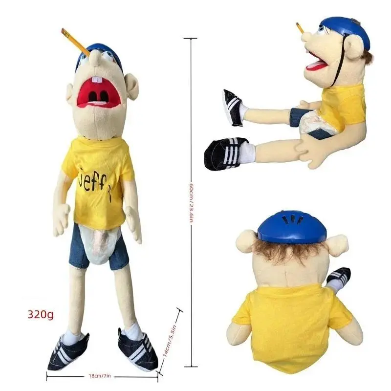 60cm Jeffy Hand Puppet Plush Jeff Mischievous Funny Puppets Toy with Working Mouth Educational Baby Toys Cospaly Plush Doll