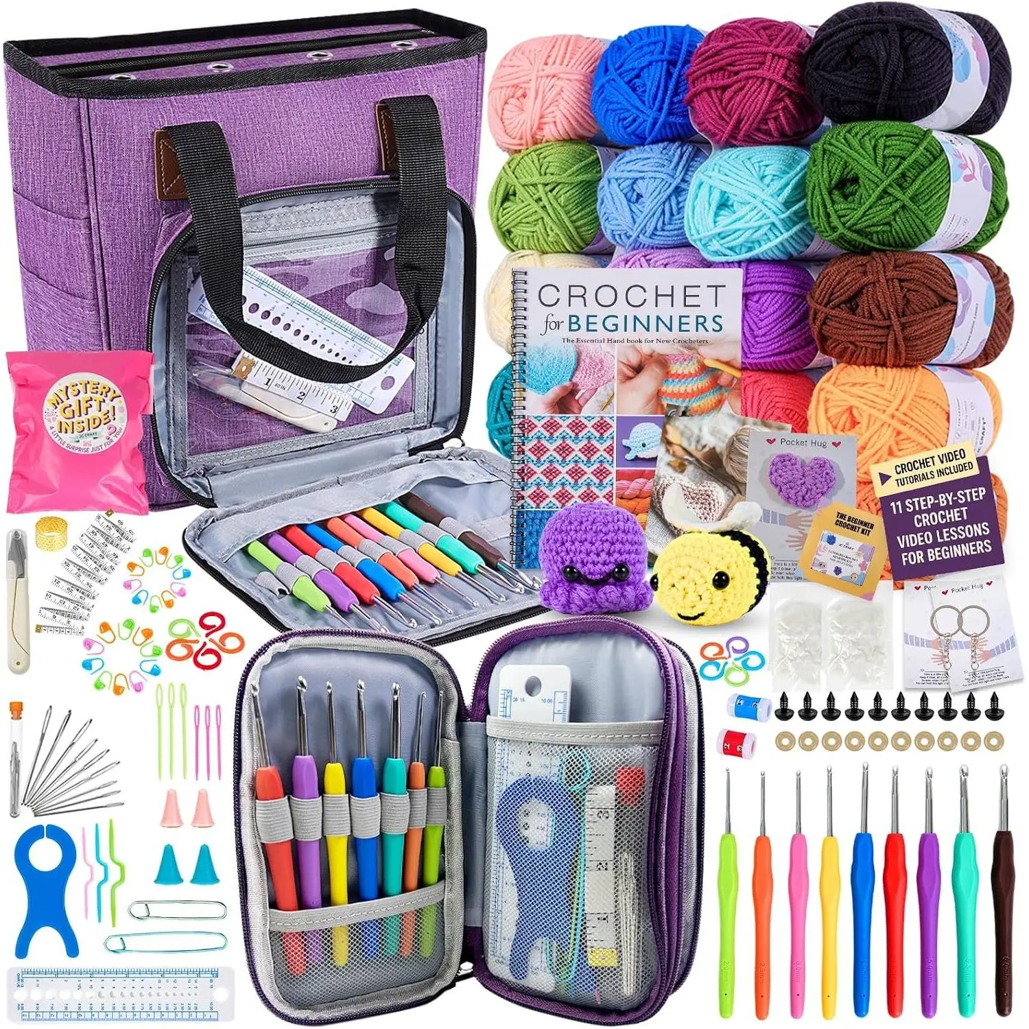 Deluxe Beginner Crochet Kit – 116- Set with 20 Yarns,  Hooks, Accessories, Book for Beginners &  Tutorial – DIY Starter Kit for Adults & Teens with  Bag & Case