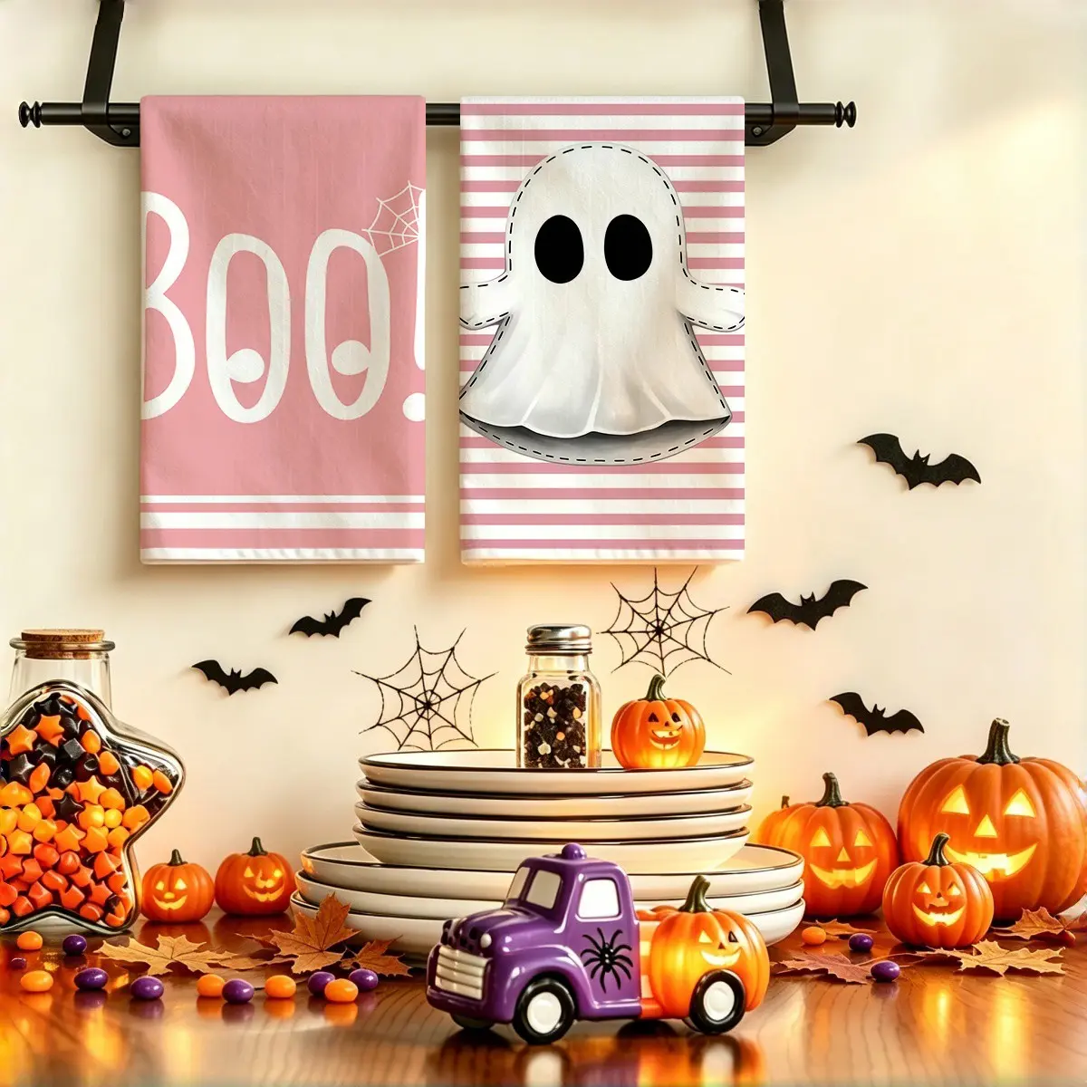 2pcs Halloween themed kitchen towels, retro and fashionable pink striped ghost BOO、 Spider web pattern printed towel set, home decoration kitchen tea towel, comfortable quick drying kitchen hand towel, Halloween decoration supplies,
