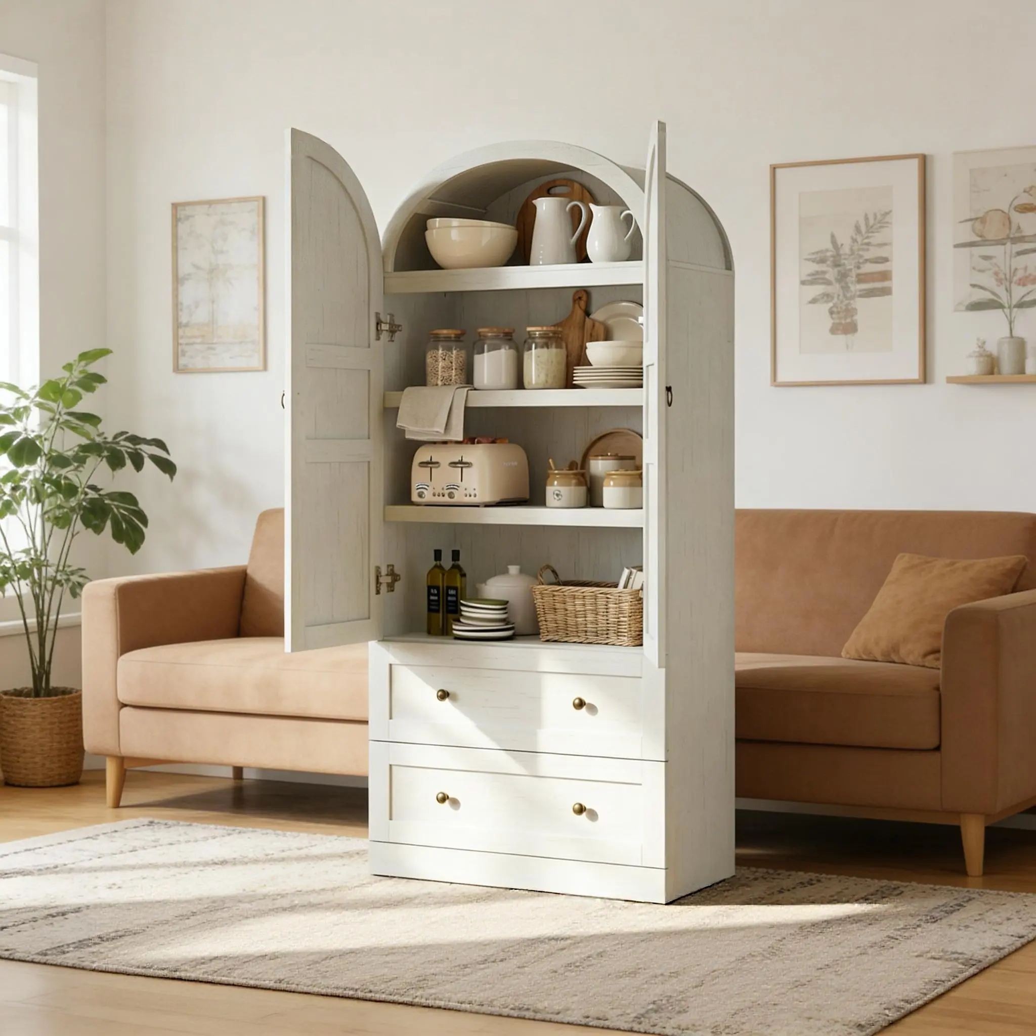 LH-Modern Classic Arched Kitchen Pantry Cabinet - Farmhouse 5 Tier Display Shelf with Adjustable Shelf and 2 Large Glass Doors,Freestanding Storage Cabinet with Ample Compartments for Home Storage & Room Tidying